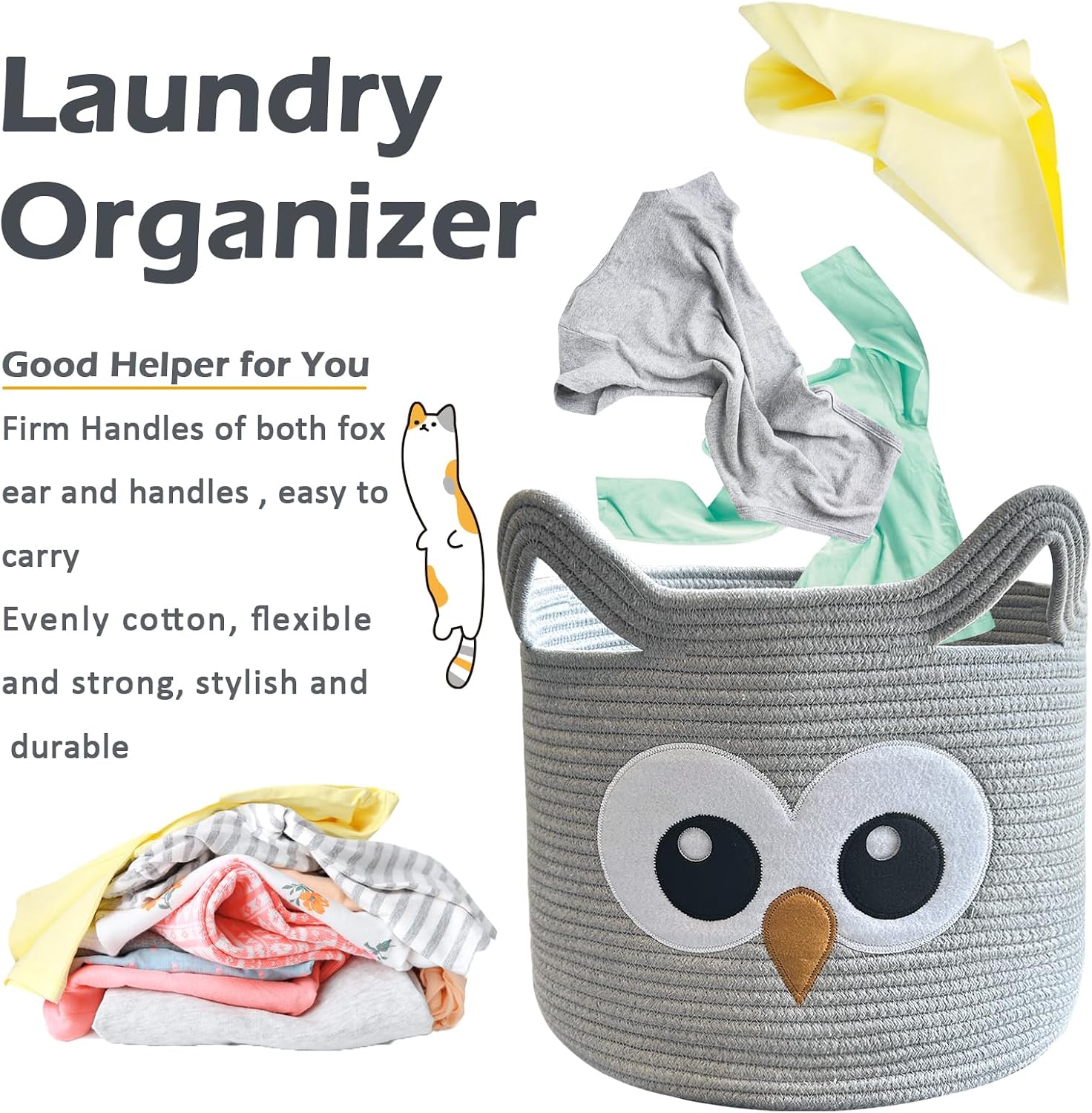 Owl Storage Basket for Gift Foldable Nursery Animal Toy Basket / Light Grey / Grey Owl