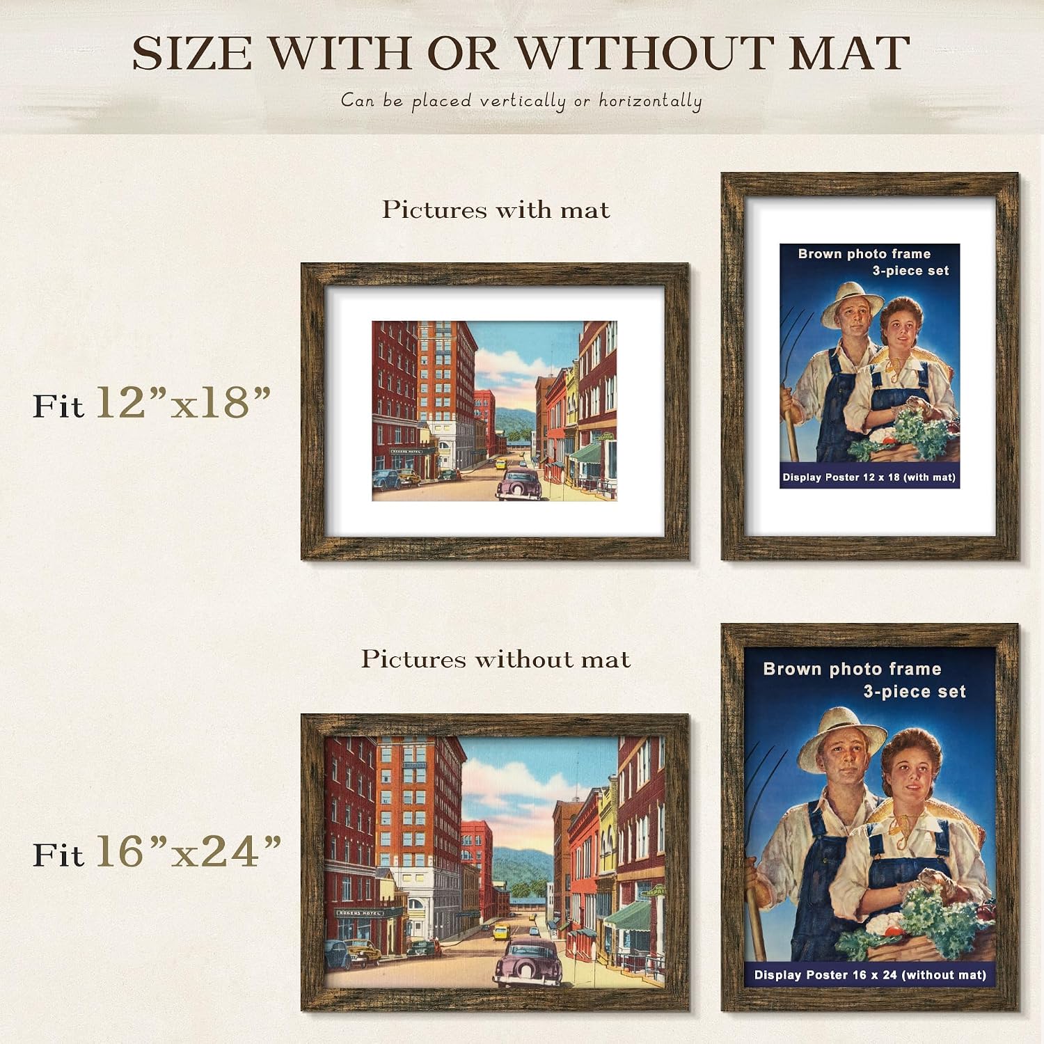 16x24 Rustic Brown Picture Frame, Poster Frame for Wall, 3 Pack | Fits 12x18 Photos With Mat or 16x24 Without Mat