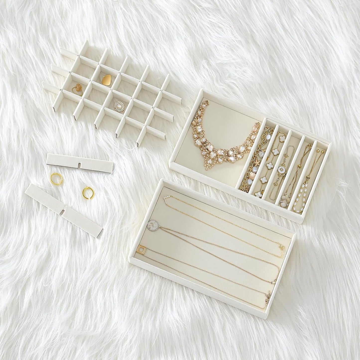 Stackable Jewelry Organizer Trays for Drawers / 4 Layers / Beige