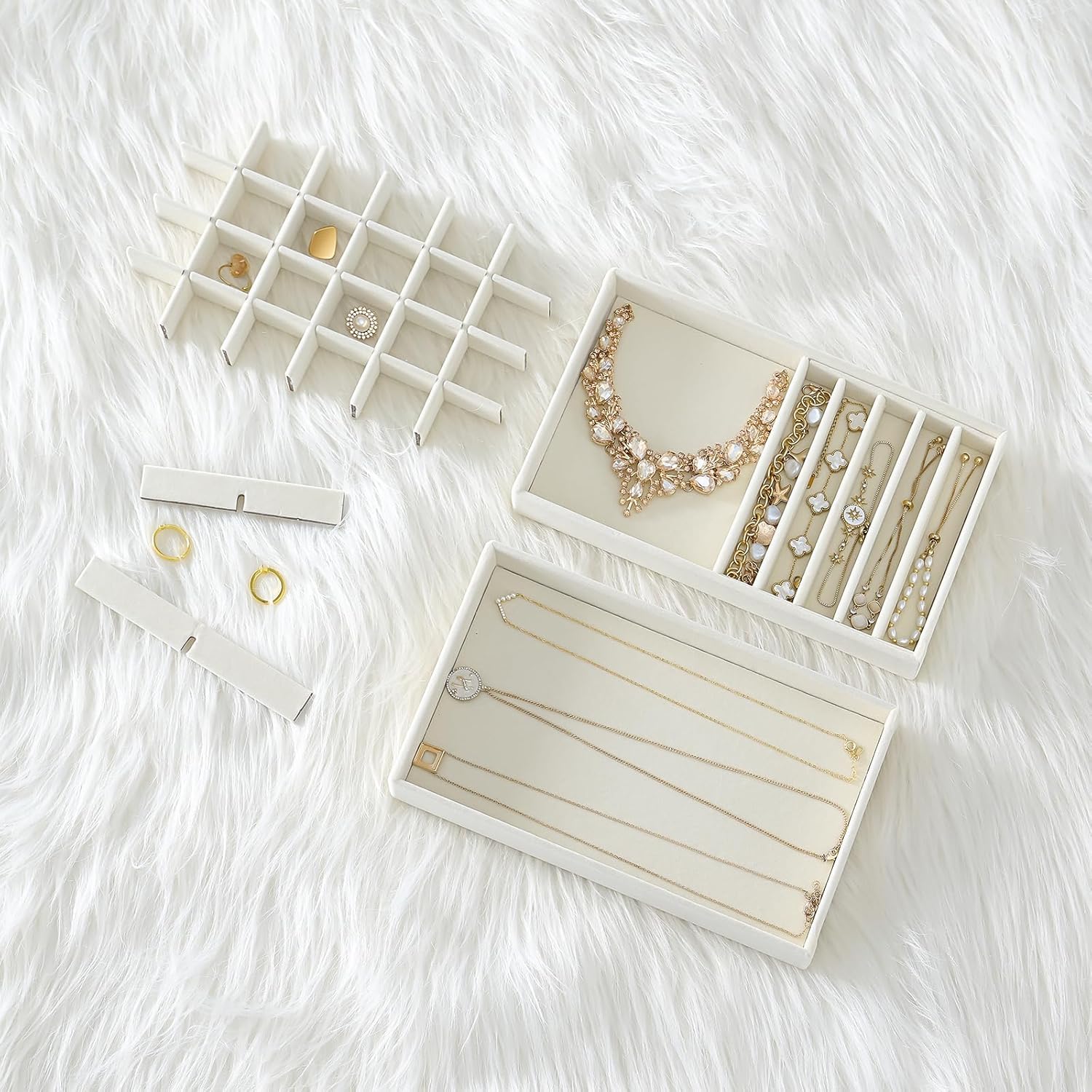 Stackable Jewelry Organizer Trays for Drawers / 4 Layers / Beige