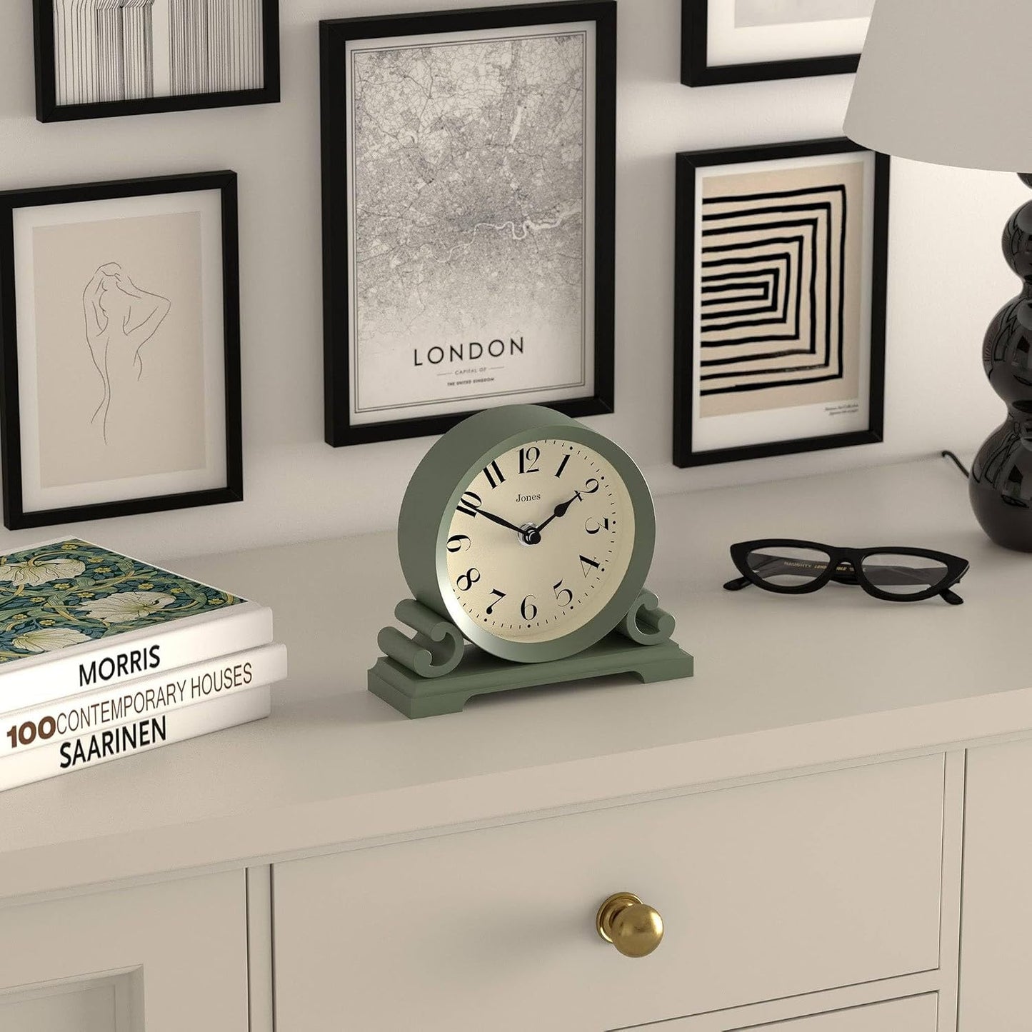 JONES CLOCKS® Saloon Mantel Clock | Small Traditional Double Scroll Design | Green | Contemporary Classic Style for