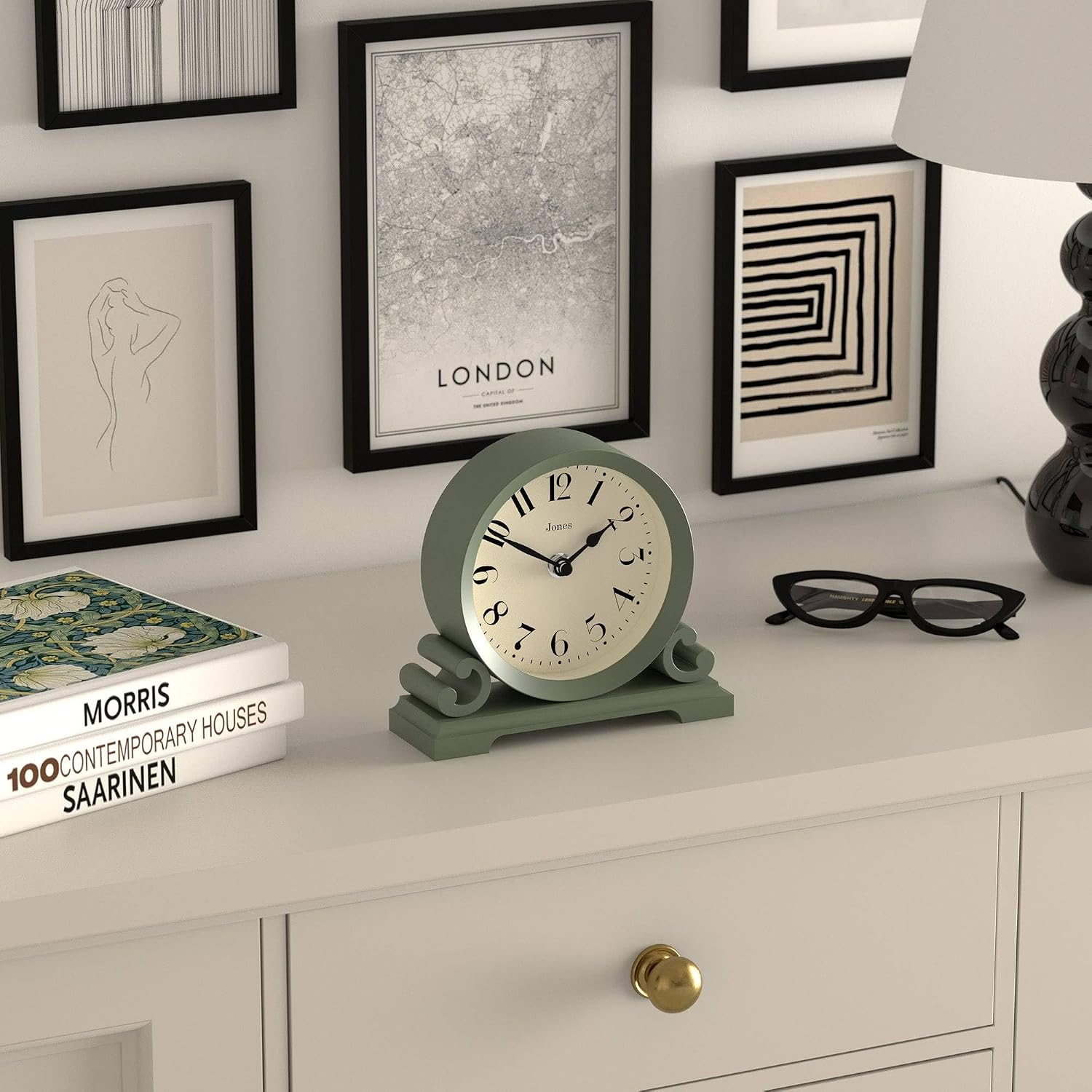 JONES CLOCKS® Saloon Mantel Clock | Small Traditional Double Scroll Design | Green | Contemporary Classic Style for