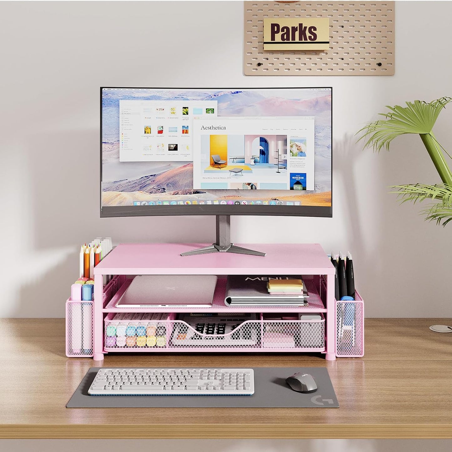 Desk Organizer and Accessories, 2-Tier Computer Monitor Stand Riser with Drawer and 2 Pen Holders, Laptop Stand, Office