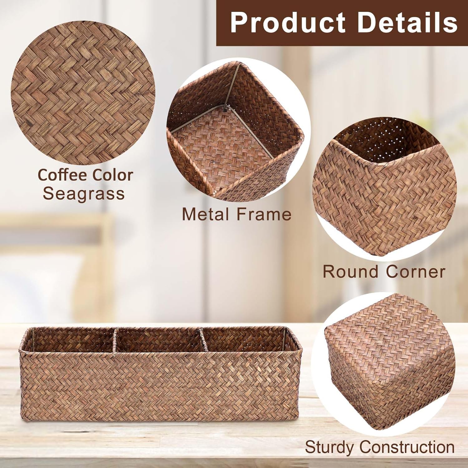 Handwoven Wicker Storage Box 3 Sections Seagrass Basket Bin Toilet Paper Holder / Large / Coffee