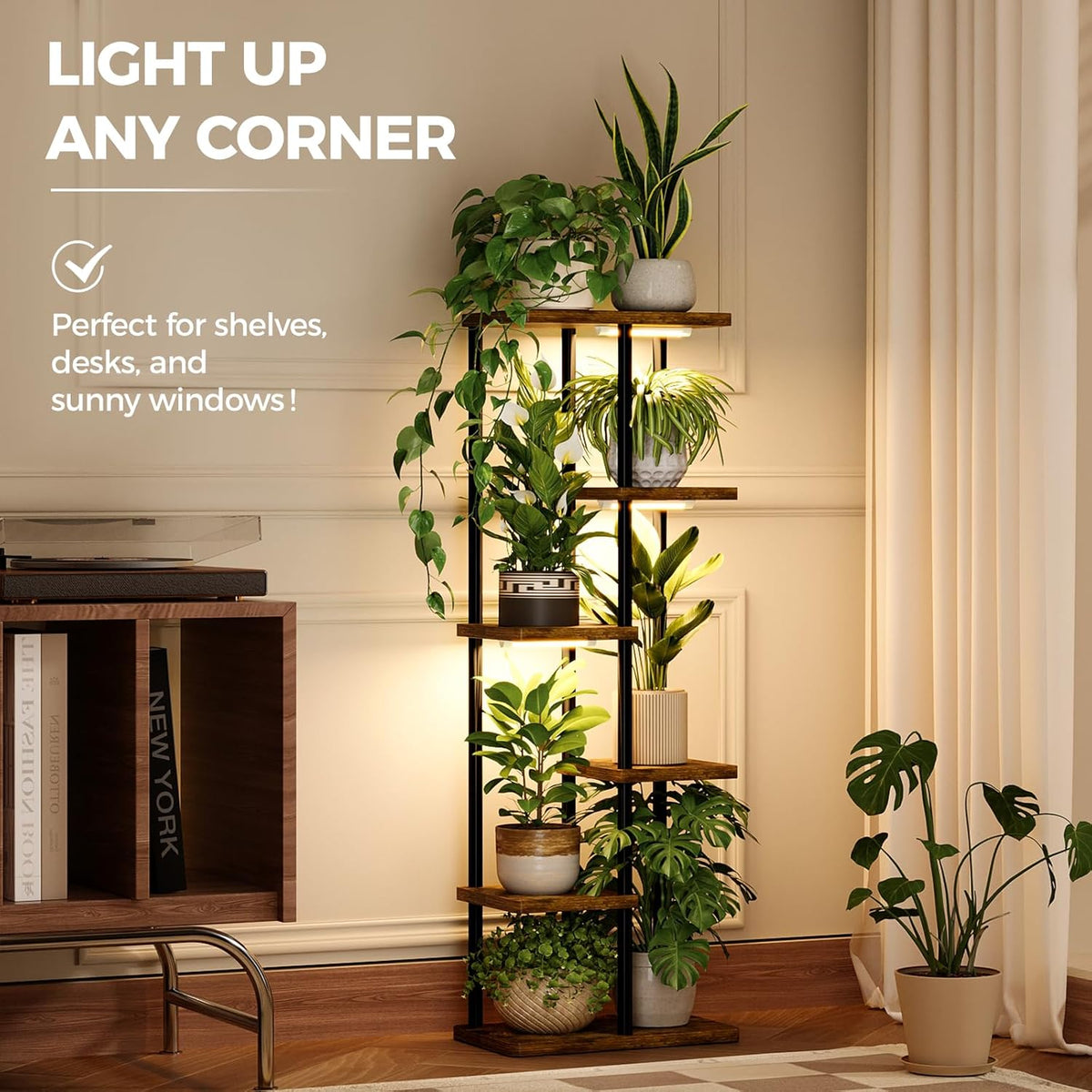 Bamworld Plant Shelf with Grow Light for Indoor Plants Corner 6 Tier | Metal Plant Stand Wood Flower Stand for Home