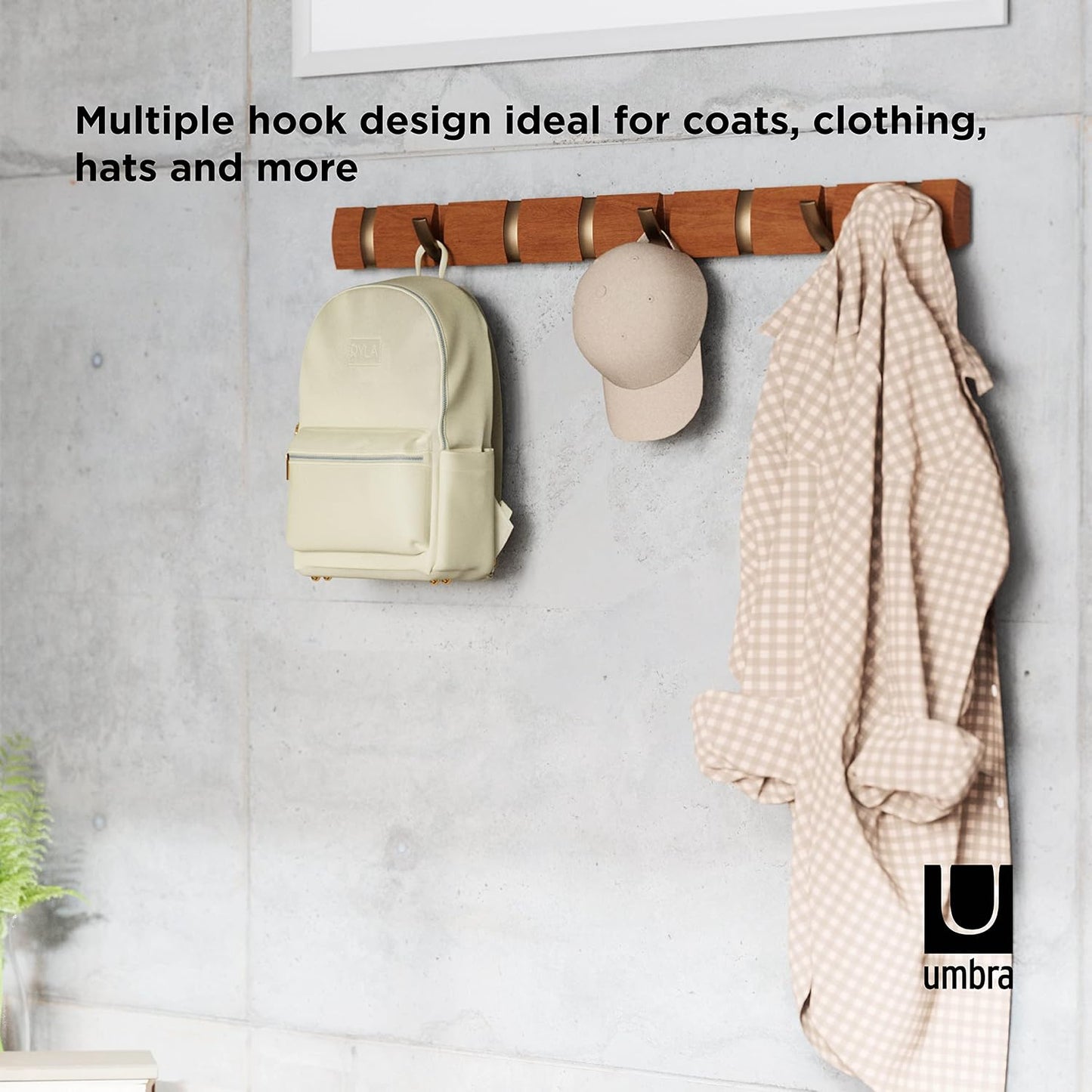 Umbra Flip Coat Rack, Wall Mount 8-Hook, Space Saving, Light Walnut/Warm Gold