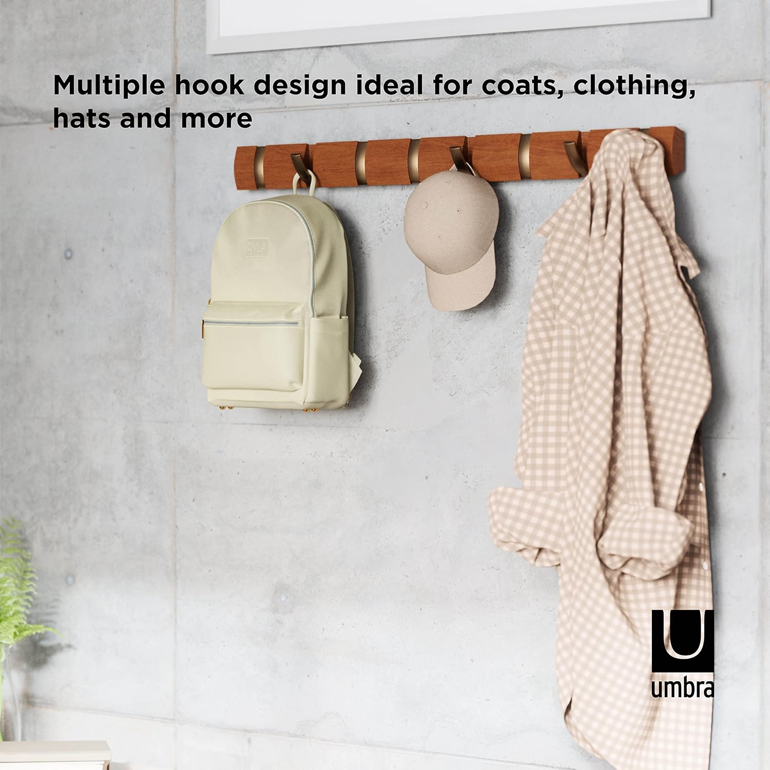 Umbra Flip Coat Rack, Wall Mount 8-Hook, Space Saving, Light Walnut/Warm Gold