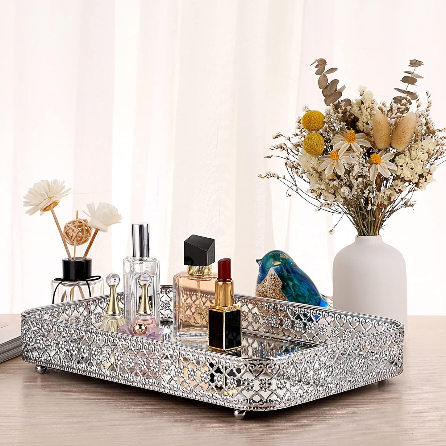 Perfume Mirror Tray Vanity Makeup Hollow-Carved Jewelry Organizer Glass / Silver / 11.8 x 7.9 x 2