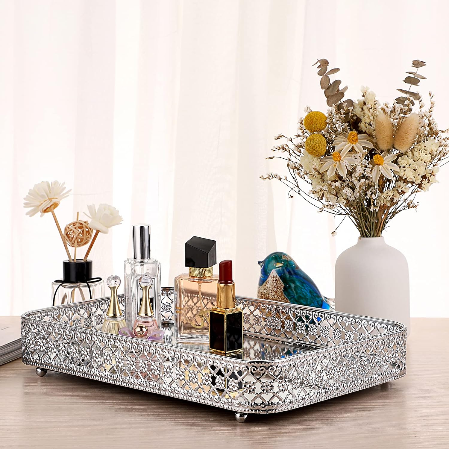 Perfume Mirror Tray Vanity Makeup Hollow-Carved Jewelry Organizer Glass / Silver / 11.8 x 7.9 x 2