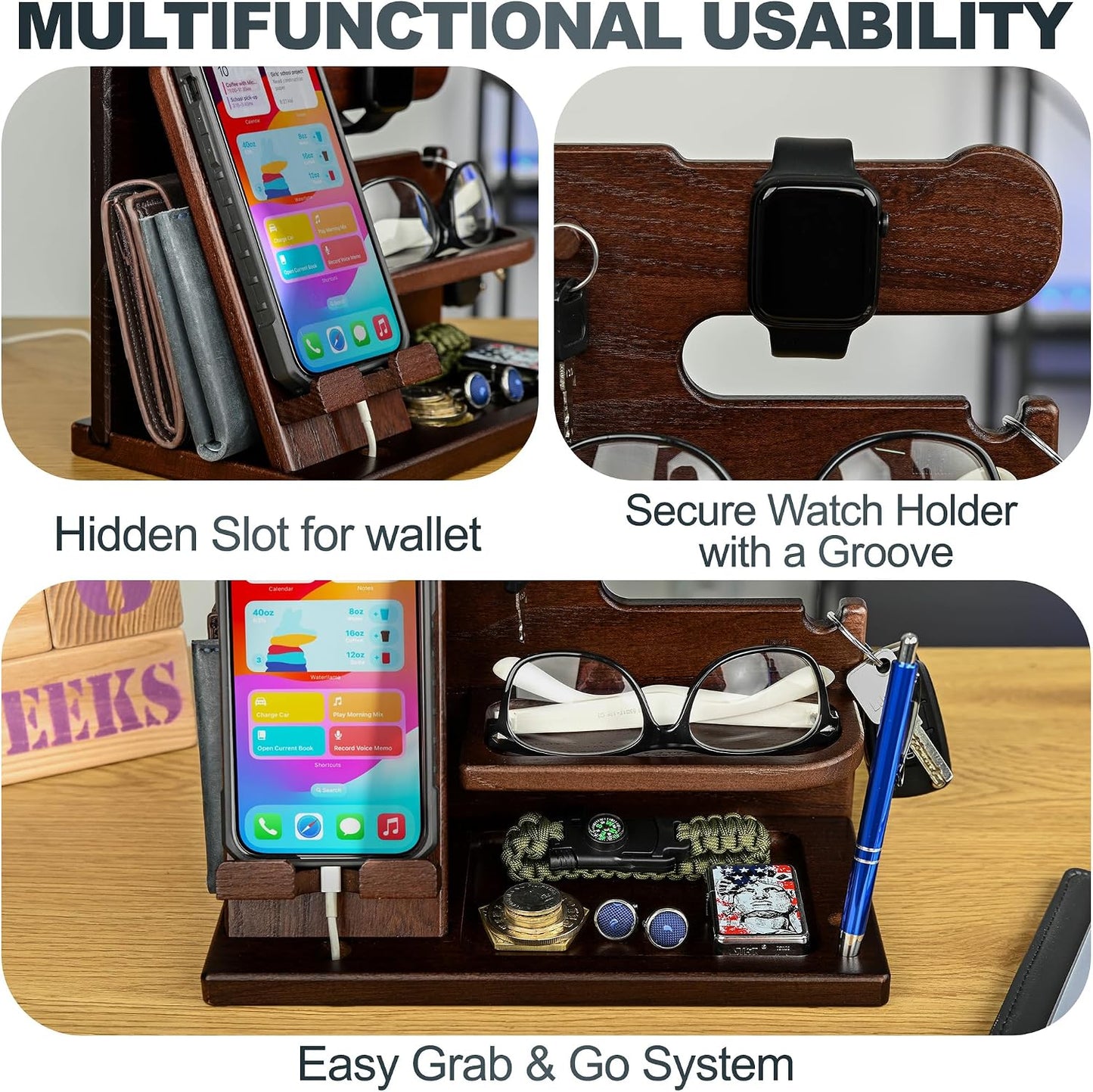 TESLYAR Wood Phone Docking Station for Men - Desk or Nightstand Organizer - Birthday Gifts for Husband, Dad