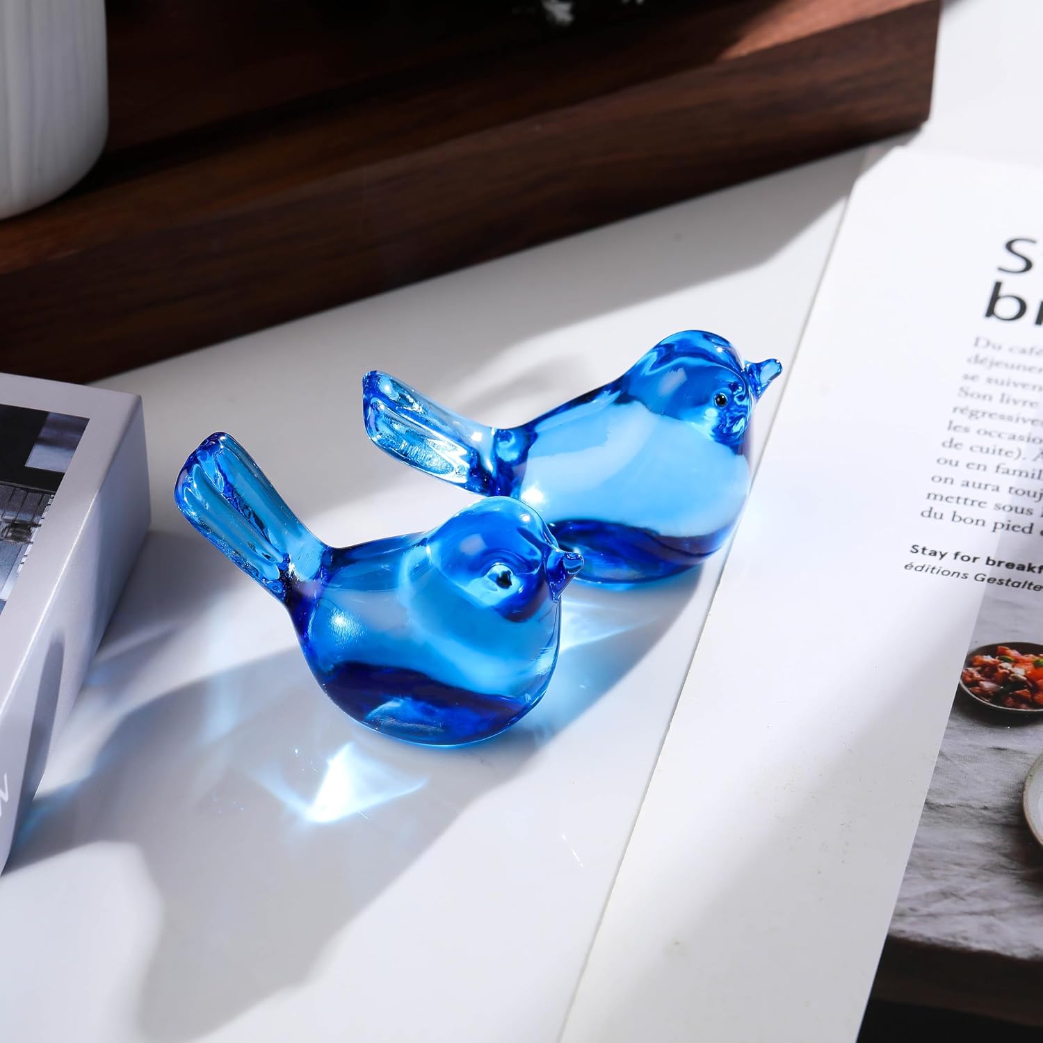 Handmade Blown Glass Birds Animals Figurines Crystal Office Desk Table / Sky Blue / Set of 2