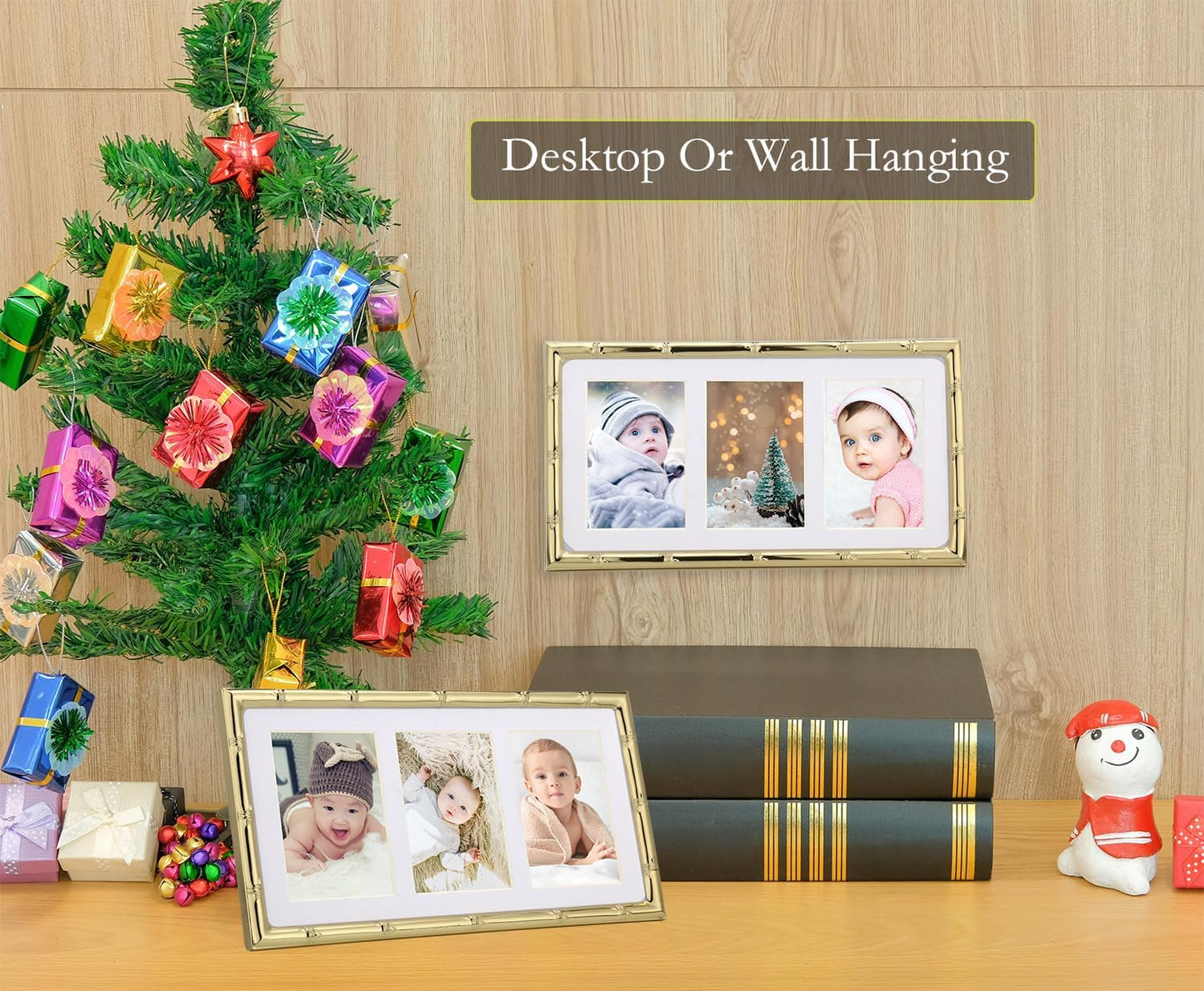 YiPinYin Gold 3-2x3'' Multi Bamboo Detail Designs Metal Picture Frame 3 Section Frame 2pack,Baby Nurse frames With Soft