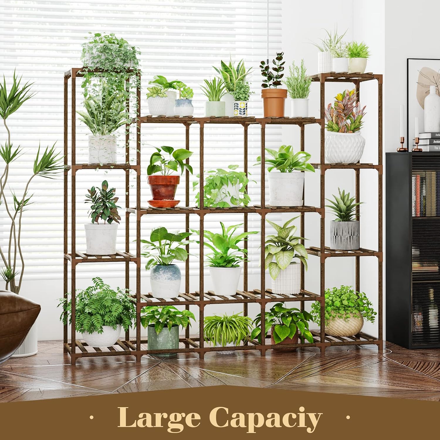 Bamworld Large Plant Shelf Indoor Plant Shelf Outdoor Tall Wood Plant Holder for Living Room Multiple Plants Patio