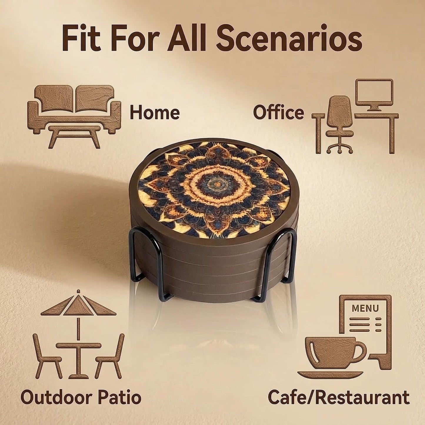 Holder / 4.3 Inch Coasters with 4.5 Inch Holder / Dual-sided Mandala-themed Patterns / 4.3 Inch