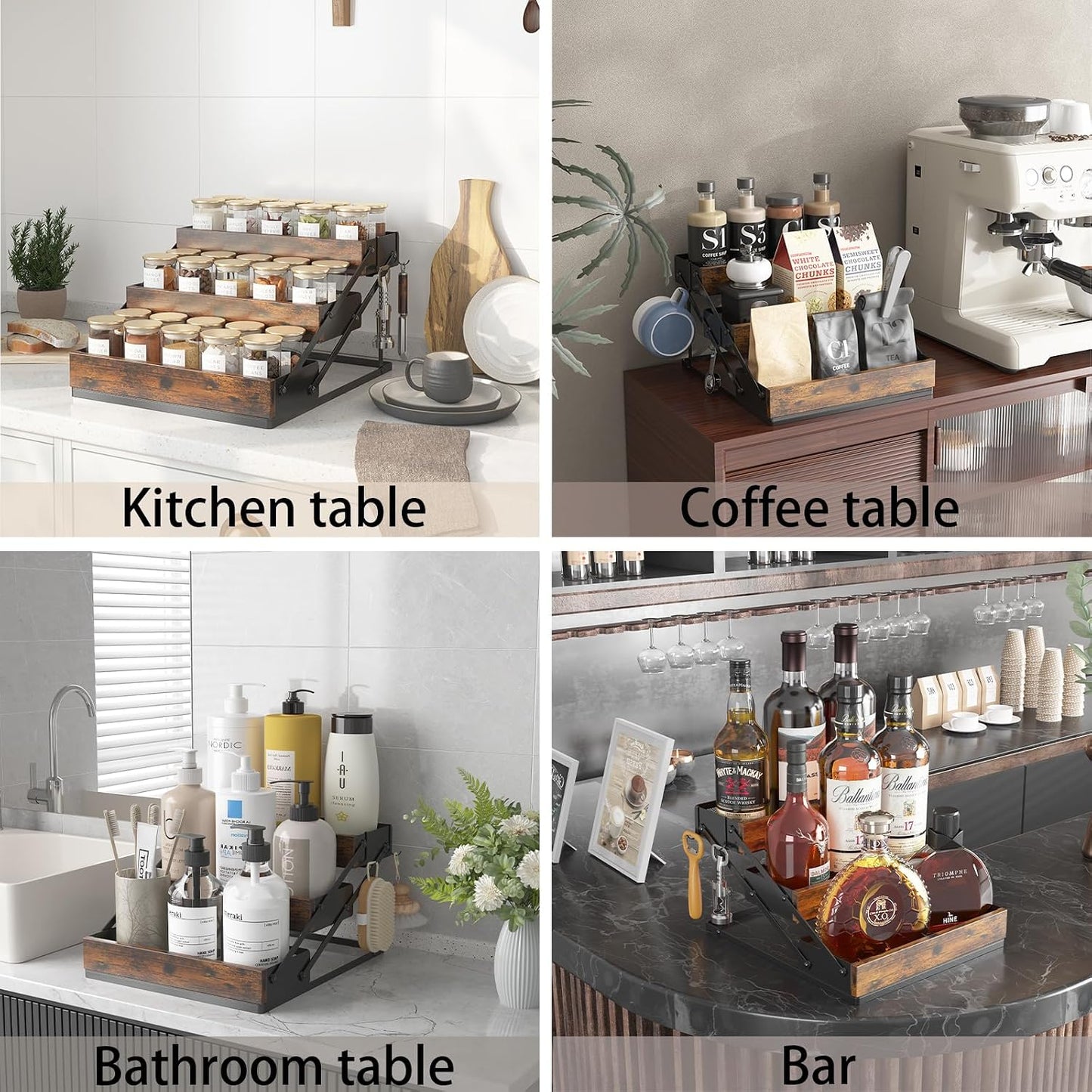 3 Tier Foldable Spice Rack Organizer for Countertop, Step Shelf with Spice Jars for Kitchen Cabinet Drawers Seasoning