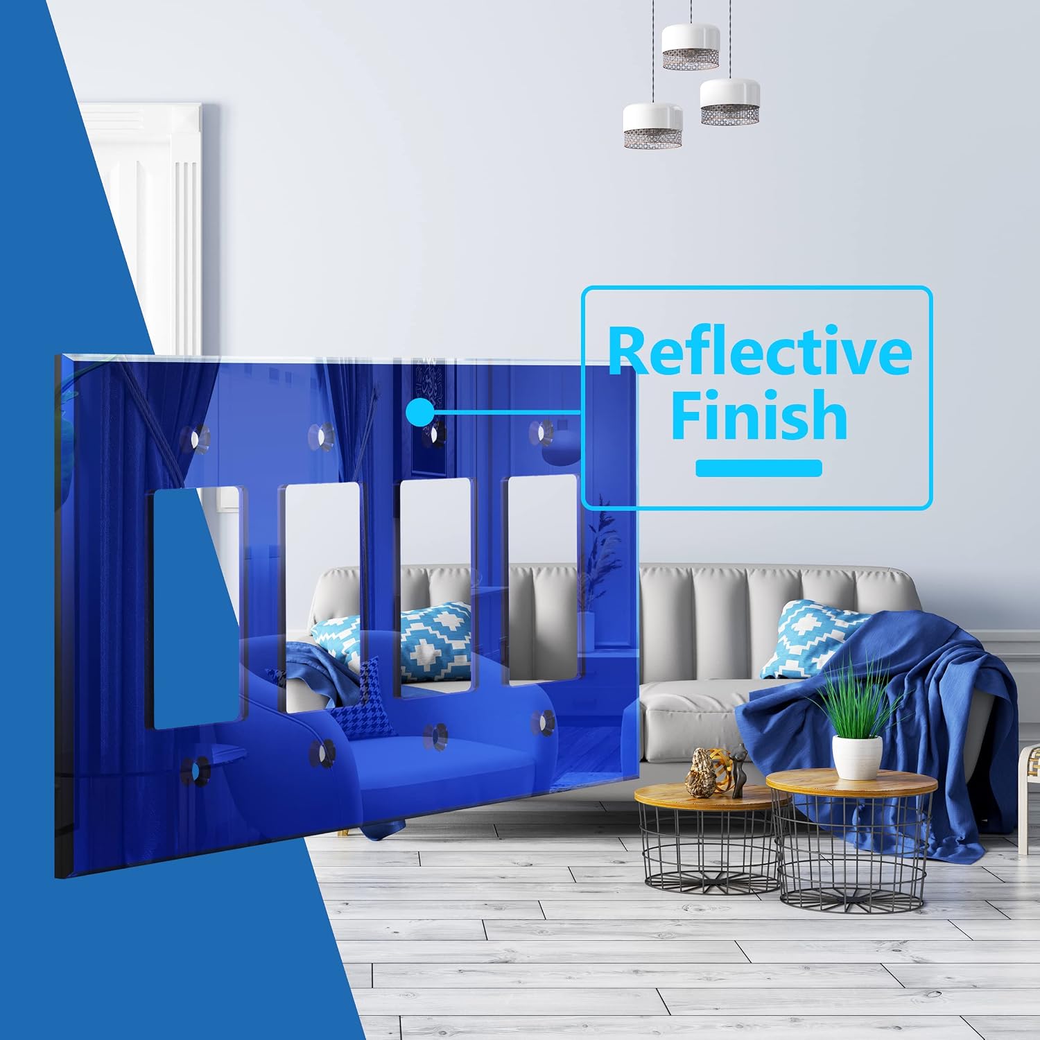 LIDER Reflective Decorator Wall Plate, Oversized 4-Gang, Mirror Glass Blue | Mirrored Light Switch Plate, Plexiglass