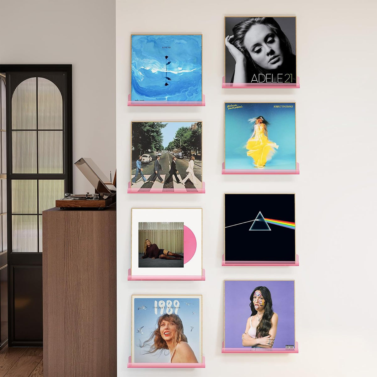 Vinyl Record Wall Mount Shelves, 12 inch Vinyl Holder, 8 Pack, Pink | Acrylic Floating Shelves for Album Record Storage