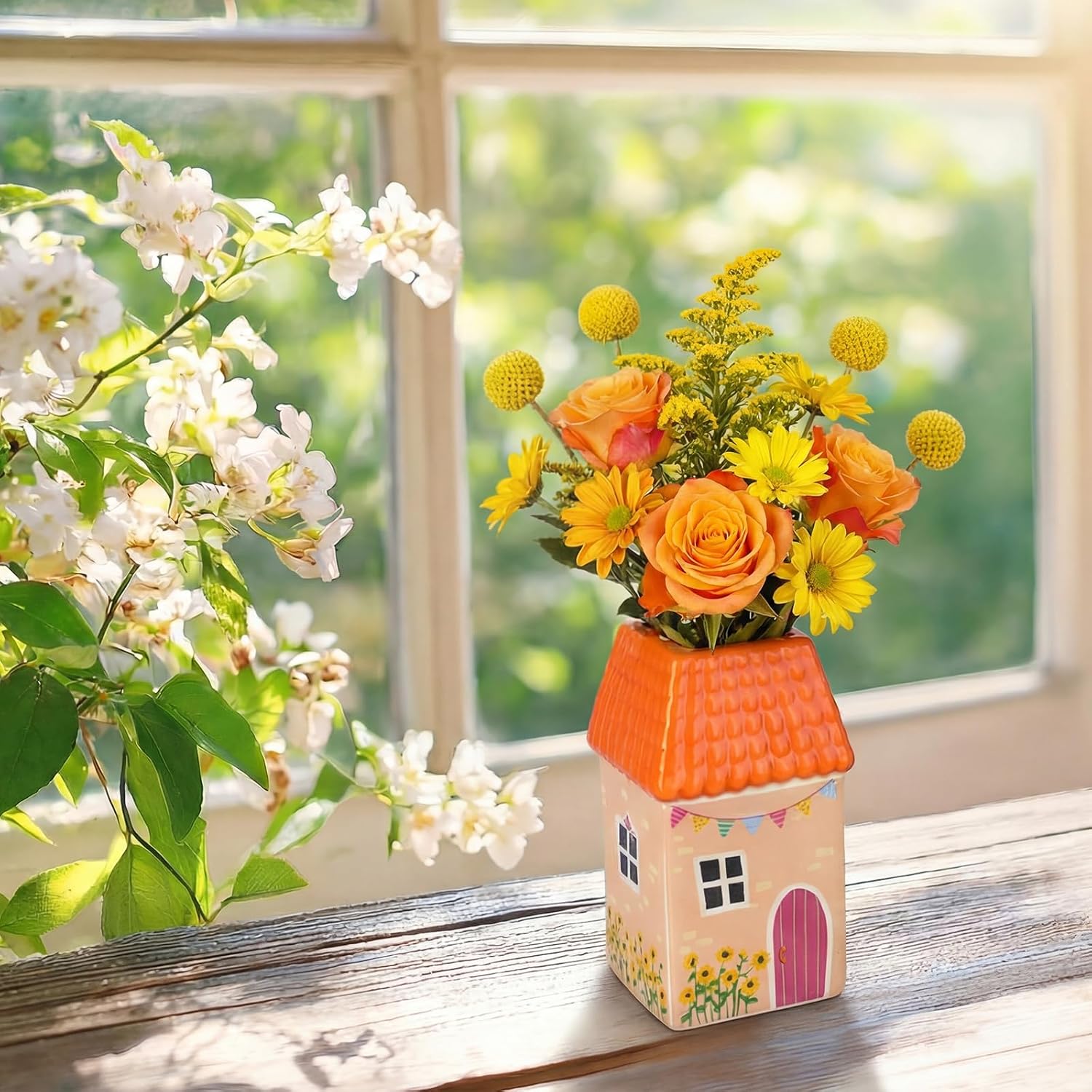 Ceramic House Shape Vase Mini Handmade Vase Decorative Small Flower Container / Orange / 2.4 x 3.8