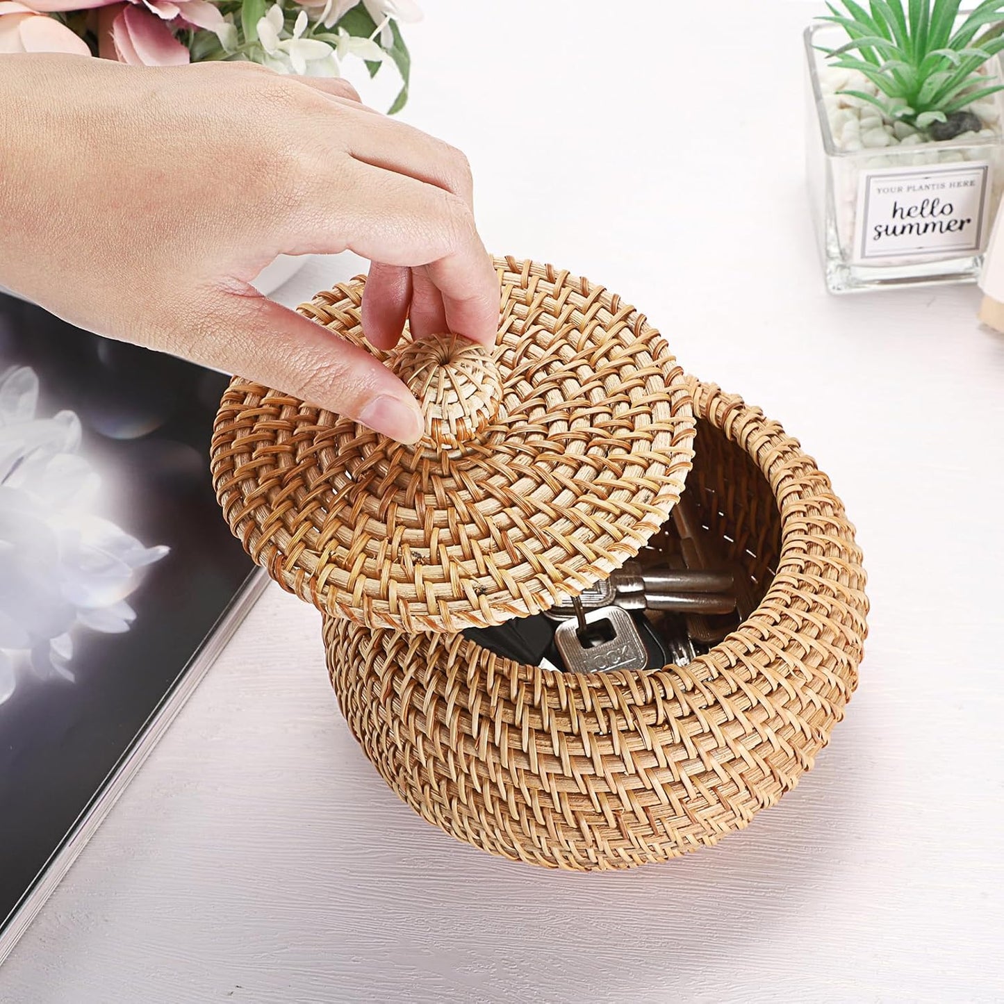 Round Rattan Basket Boxes / 4.7 x 3.3 / Small / Natural Color
