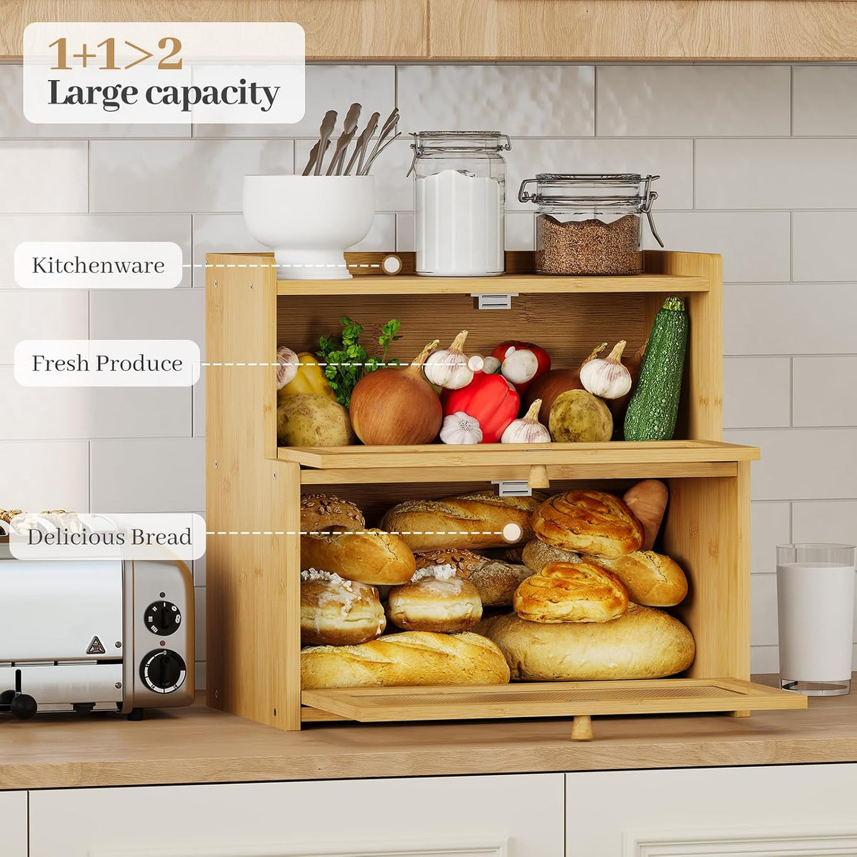 Bread Box for Kitchen Countertop, Large Bamboo Bread Storage Container with Double Layer, Bread Holder for Homemade