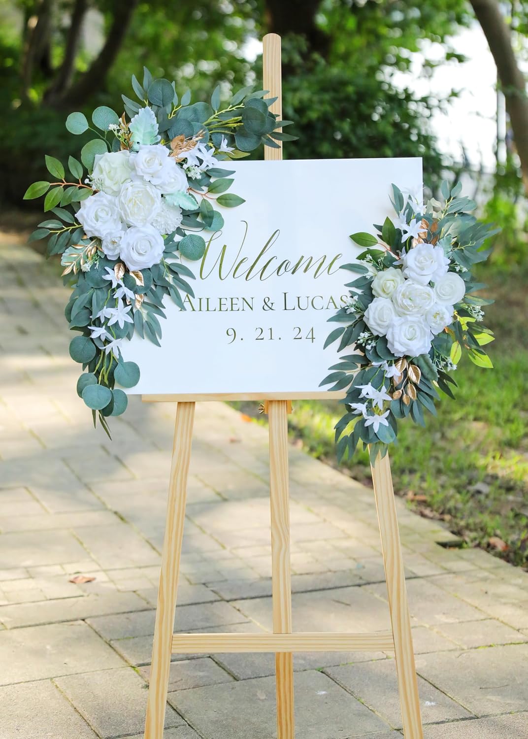 Artificial White Wedding Arch Flower Swags for Welcome Signs / White & Gold / Set of 2