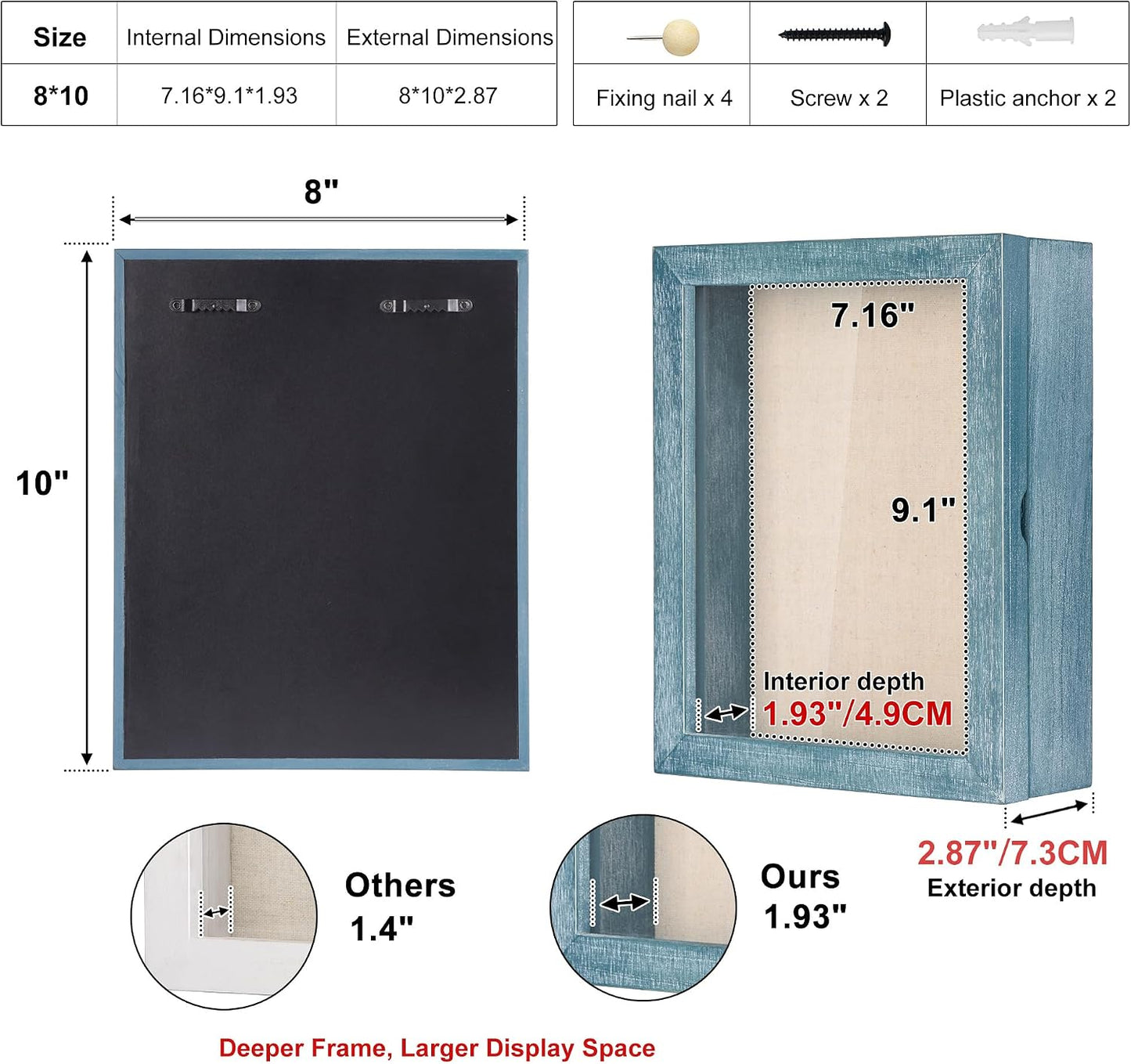 Love-KANKEI Deep Shadow Box 8x10,Solid Wood Frame,Memory Box,Rustic Blue | Front-Opening Glass Magnetic Door,Linen
