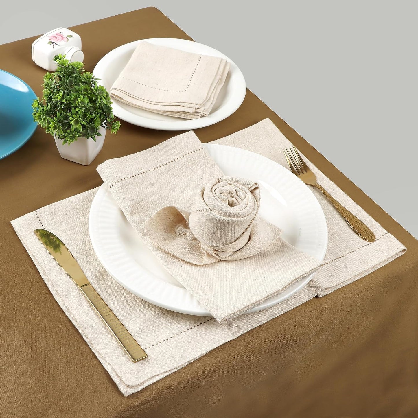 FINGERCRAFT Hemstitch Cloth Napkin Cotton, 20x20 Inch, 12 Pack, Ivory | Premium high GSM cotton, large size & generous