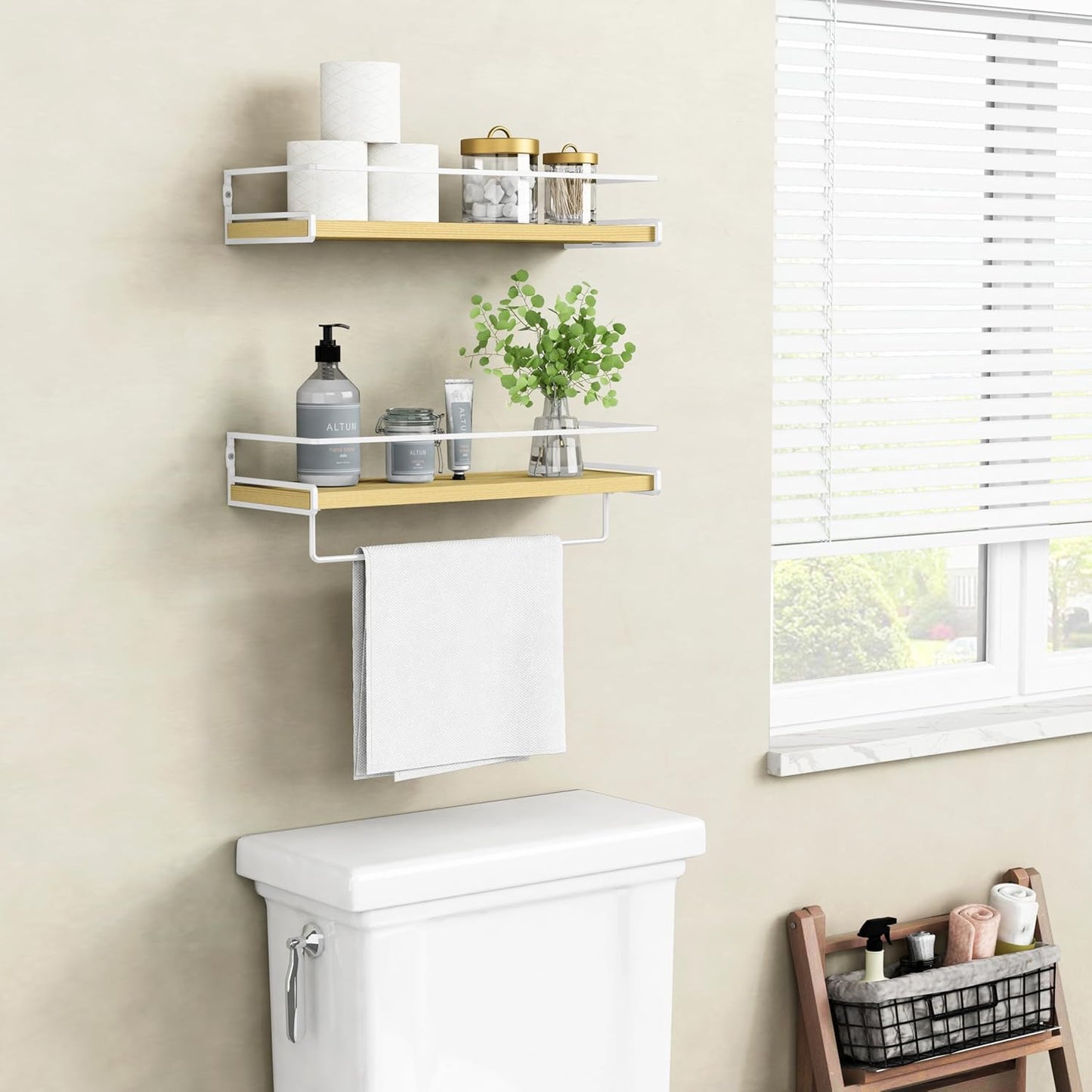 Forbena Floating Shelves for Wall with Rail, White and Natural Wood Nursery Book Shelves for Baby Girls Boys Kids Room