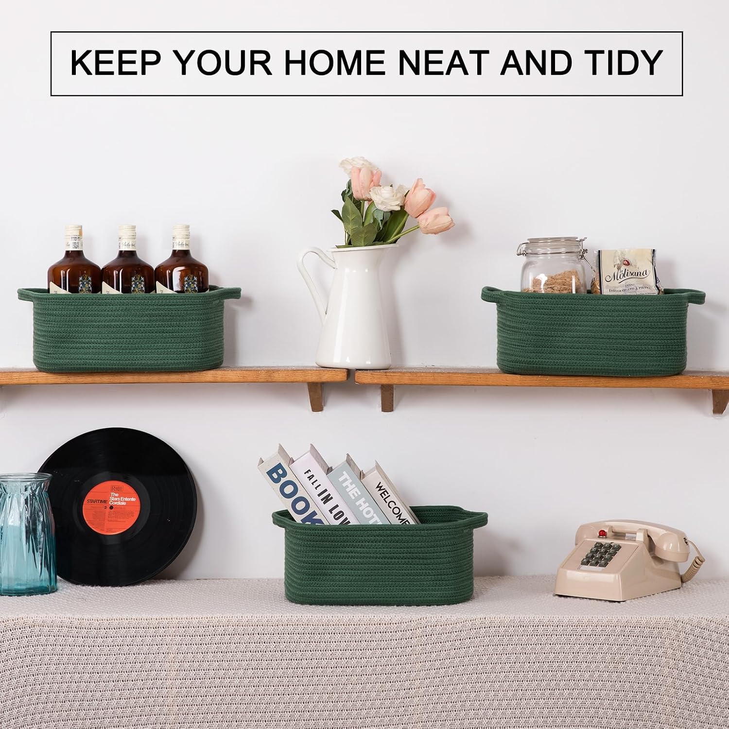 Cotton Rope Woven Baskets for Storage / Green / Set of 3