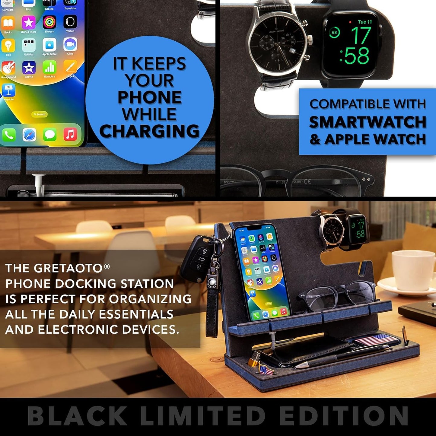 GRETAOTO Wooden Docking Station for Cell Phone, Tablet, Wallet, Gadgets, Watch, Keys, Accessories, Essentials Desk