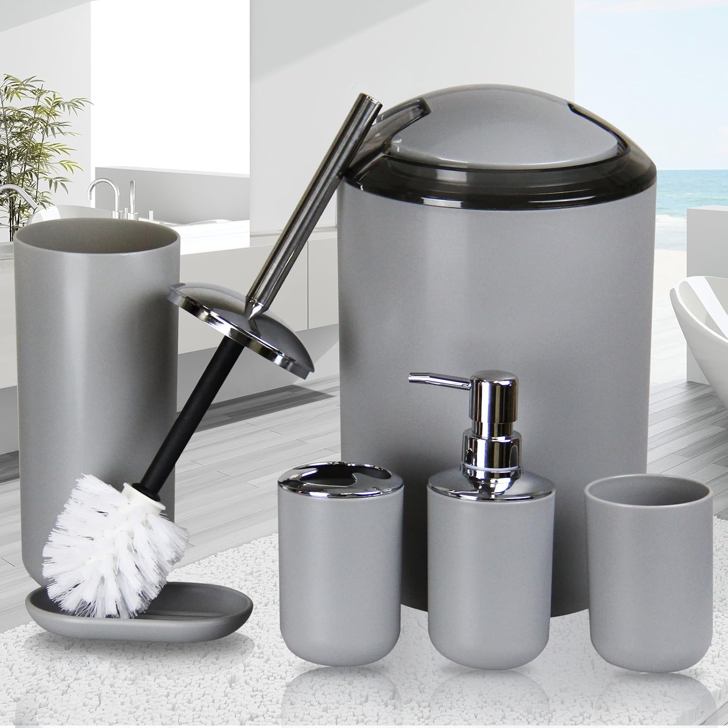 IMAVO Bathroom Accessories Set,Grey Bathroom Set,7 Pieces Bathroom Accessory Set,Tray,Toilet Brush,Trash Can for