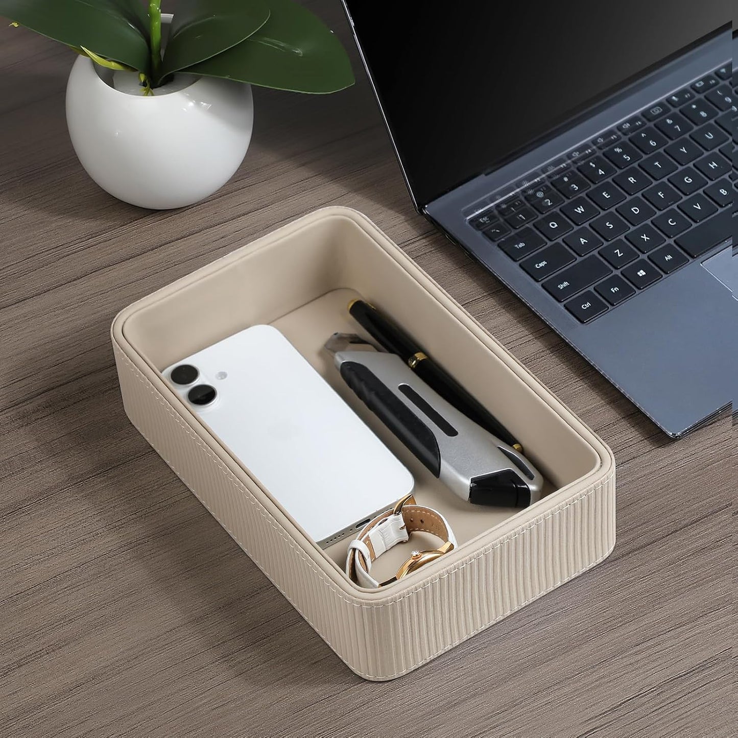 PU Leather Valet Tray Organizer / Beige / 9.5 x 5.9 x 2.2