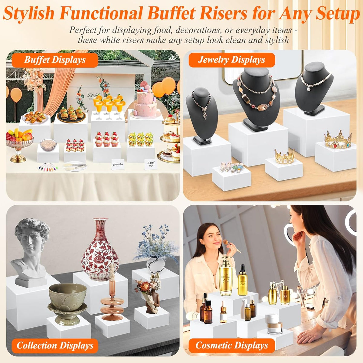 8 Pcs White Buffet Risers with Mini Table Sign, Serving Tongs, Acrylic Food Risers for Buffet Table Display Stand Shelf