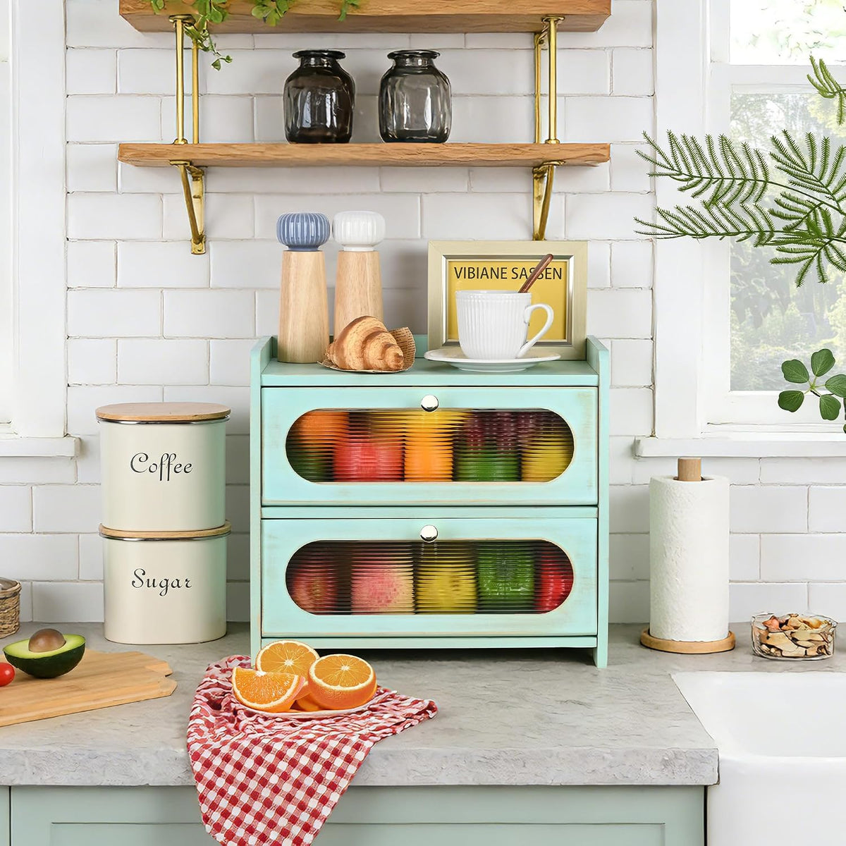 2-Tier Green Bread Box for Kitchen Countertop with Window | Farmhouse Bread Storage Container, Large Pantry Organizers