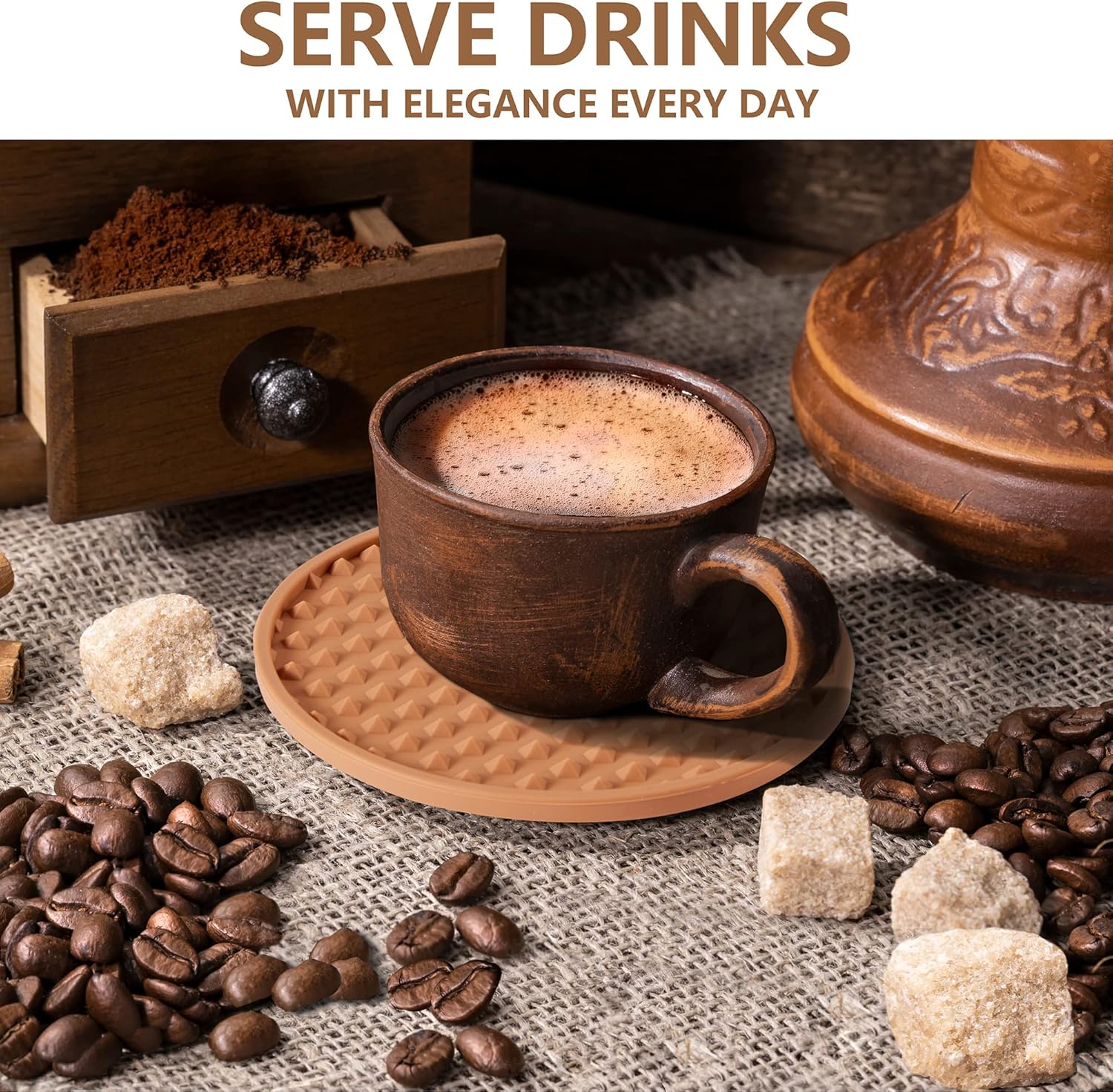 Holder / Coasters Tabletop Protection for Any Table Type / Brown with Holder / Silicone / Set of 6