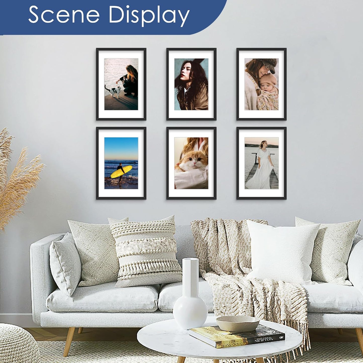11x15 Picture Frame Set of 6, Wall Mount Display, Black | Display Pictures 8x12 with Mat or 11x15 without