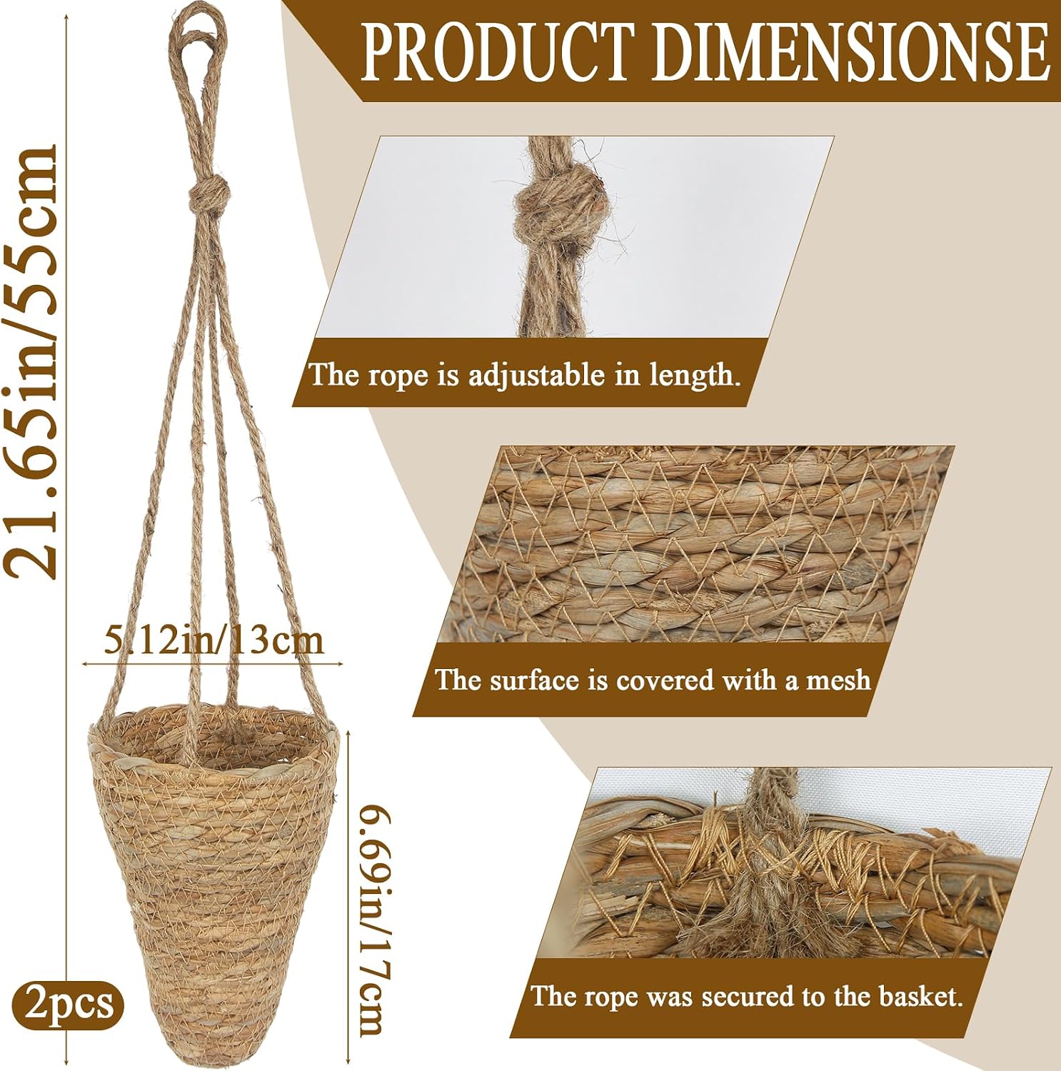 Hanging Basket / Hemp Rope Handmade Wall Planter / Set of 2
