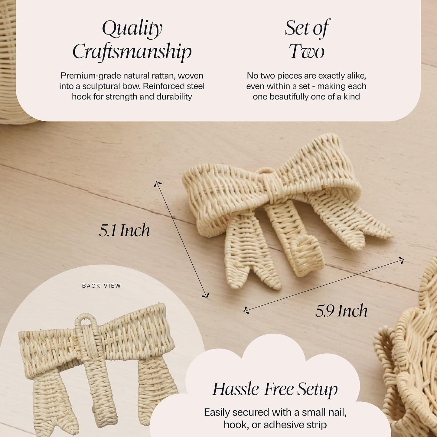 Handwoven Rattan Bow Wall Hooks Set of Two / 5.9 x 5.1