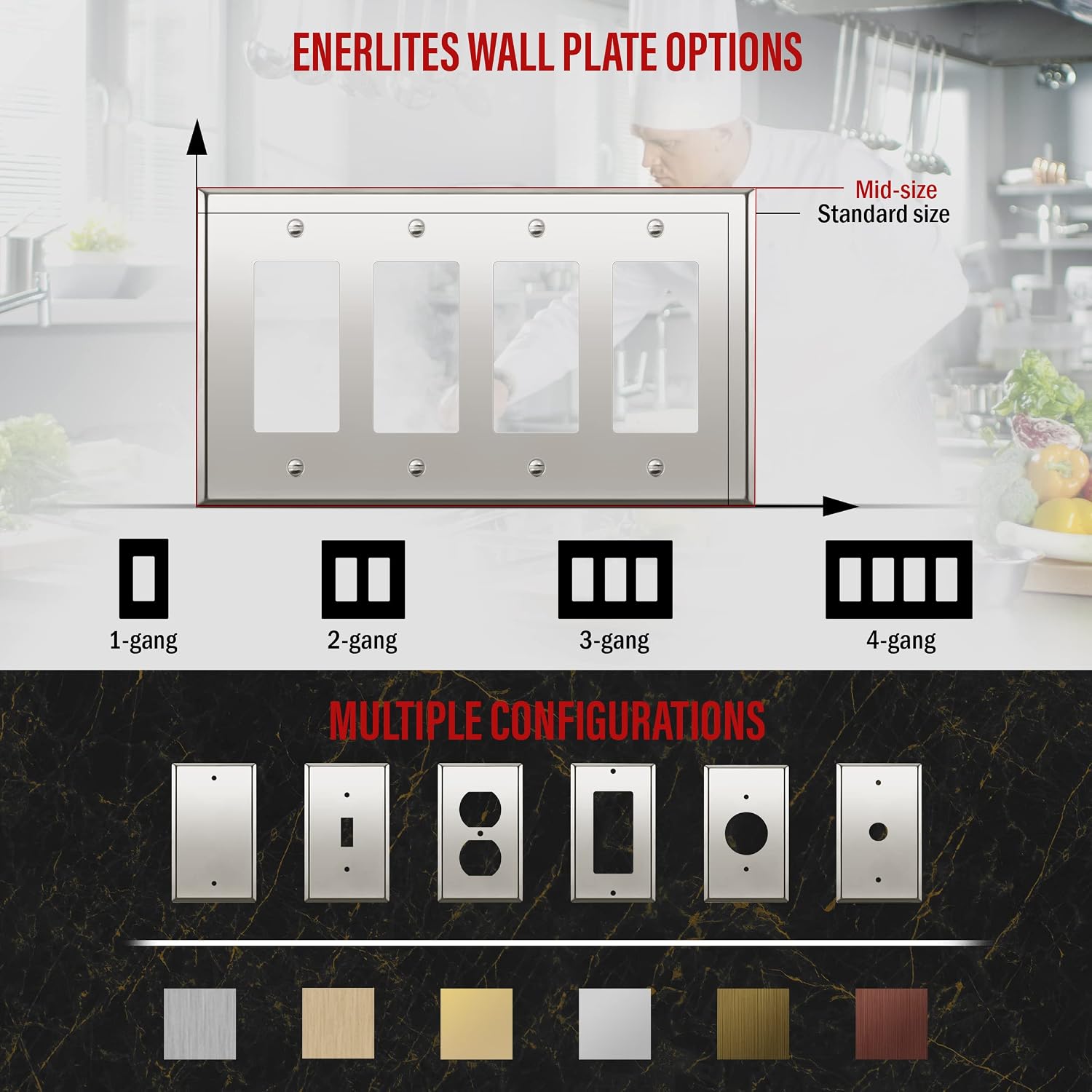 ENERLITES Quad Decorator Metal Wall Plate, Decorator Switch Receptacle Cover, Corrosion Resistant, Stainless Steel 201
