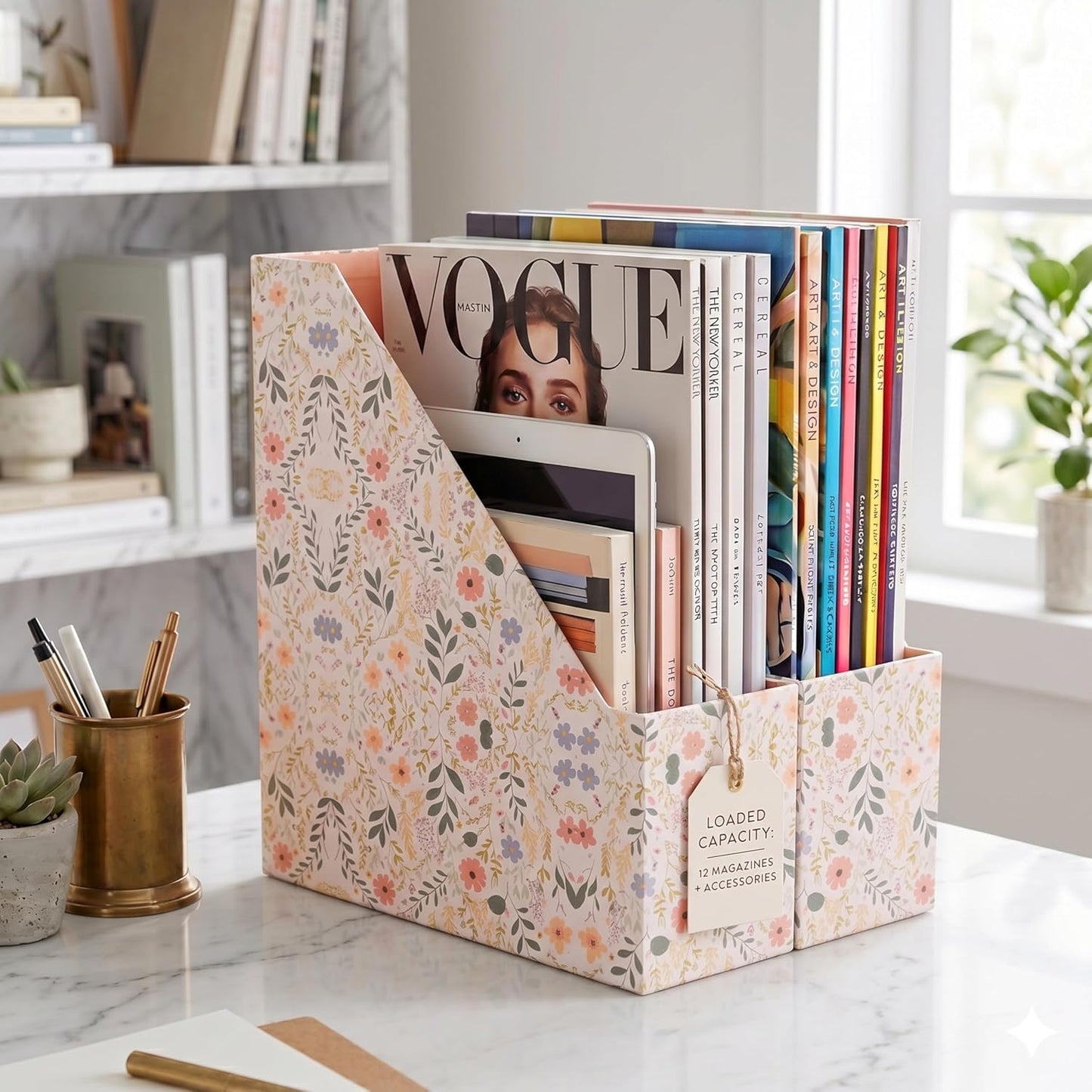 BLU MONACO | Cardboard Magazine File Holder Set of 4 | Standing File Holder with Floral Boho Design | Foldable