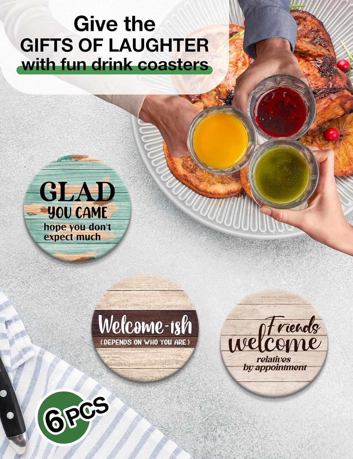Holder / Funny Farmhouse Bar Cork Drink Coasters / Welcome Coasters / Set of 6