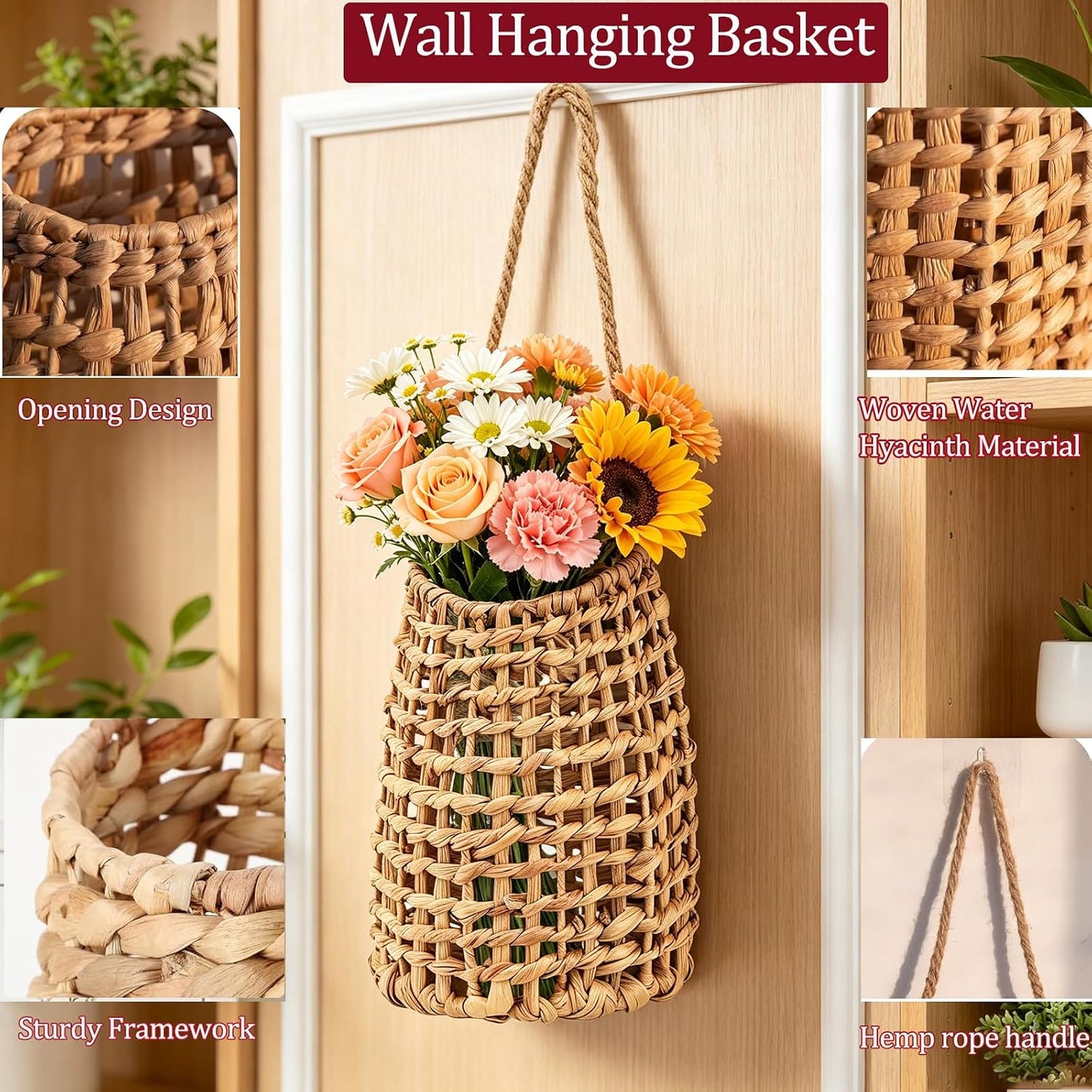 Flowers / Handwoven Water Hyacinth Hanging Basket / Natural