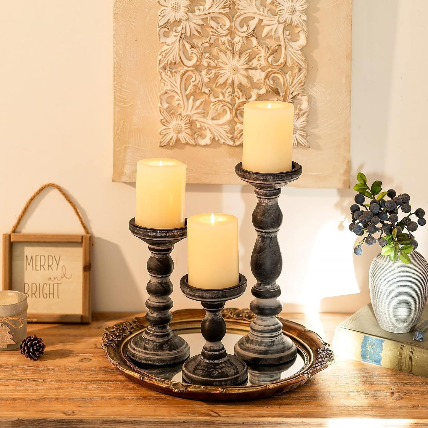 Wood Pillar Candle Holder: Rustic Distressed Black Candle Stand | Solid Pine Wooden Decor, for 3.15" Pillar, Farmhouse