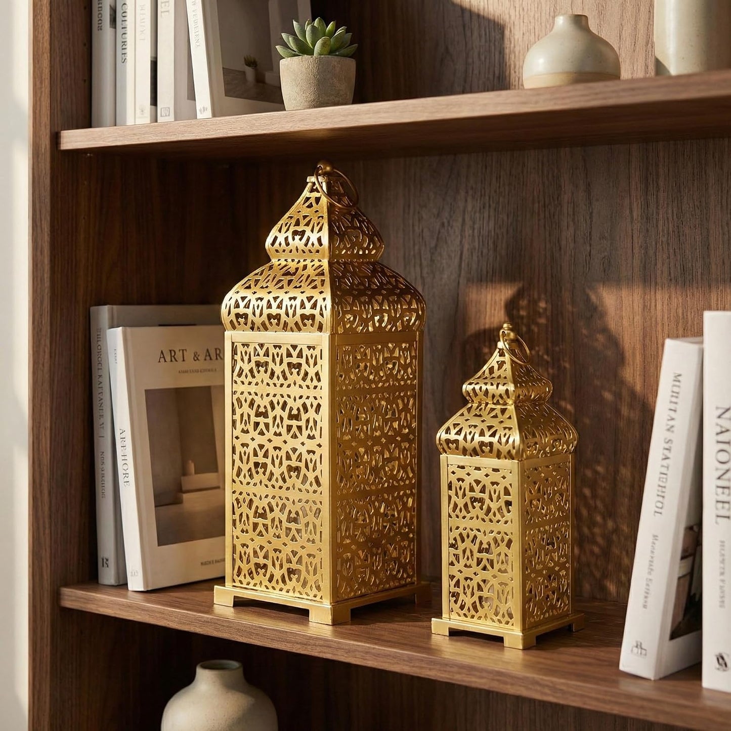 Vela Lanterns Decorative Indoor Moroccan Candle Holders, Gold, Set of 2 | Ramadan, Eid & Islamic Home Decor, Large