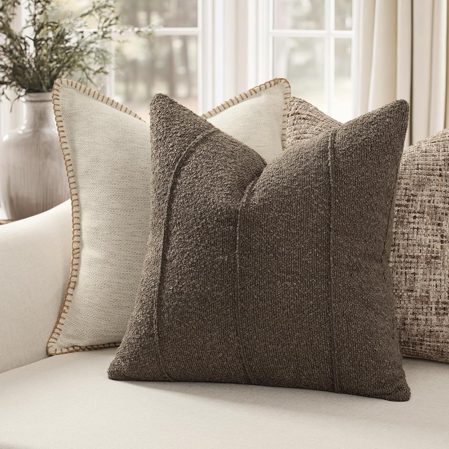Textured Boucle Throw Pillow Covers / Brown / 18 x 18 / Set of 2
