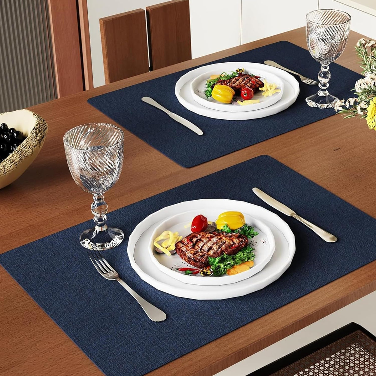 DOLOPL Placemats Set of 8, Reversible Faux Leather Place Mats, Navy Blue | Wipeable, Machine Washable, Heat Resistant