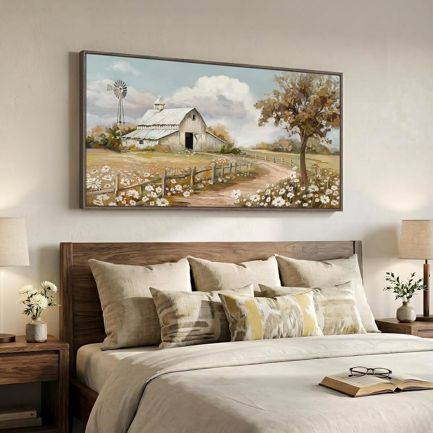 Large Farmhouse Landscape Wall Art / 60"L x 30"W / Beige