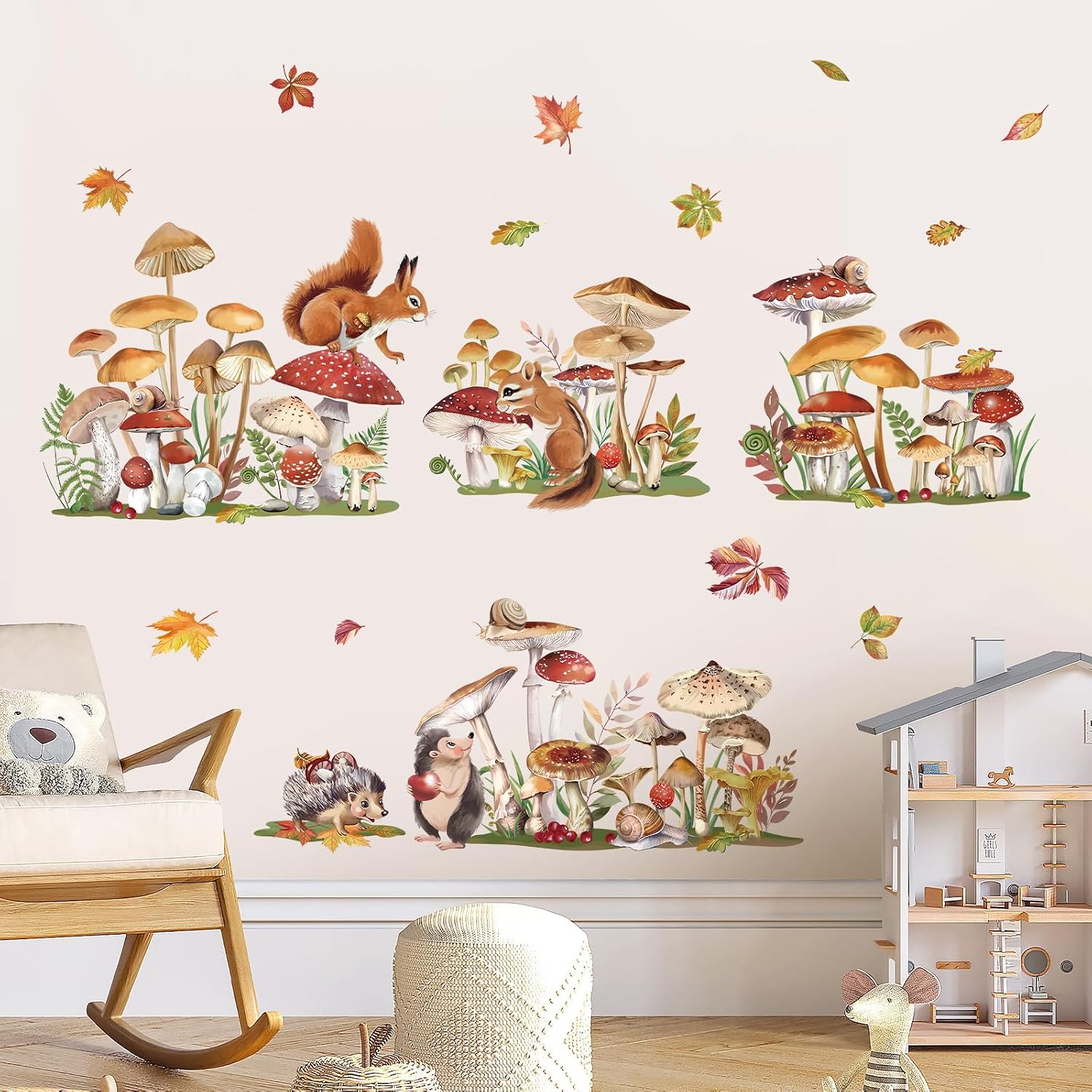 Mushroom Wall Decals Woodland Squirrel Grass Spring Baseboard Skirting Line Wall Stickers Bedroom