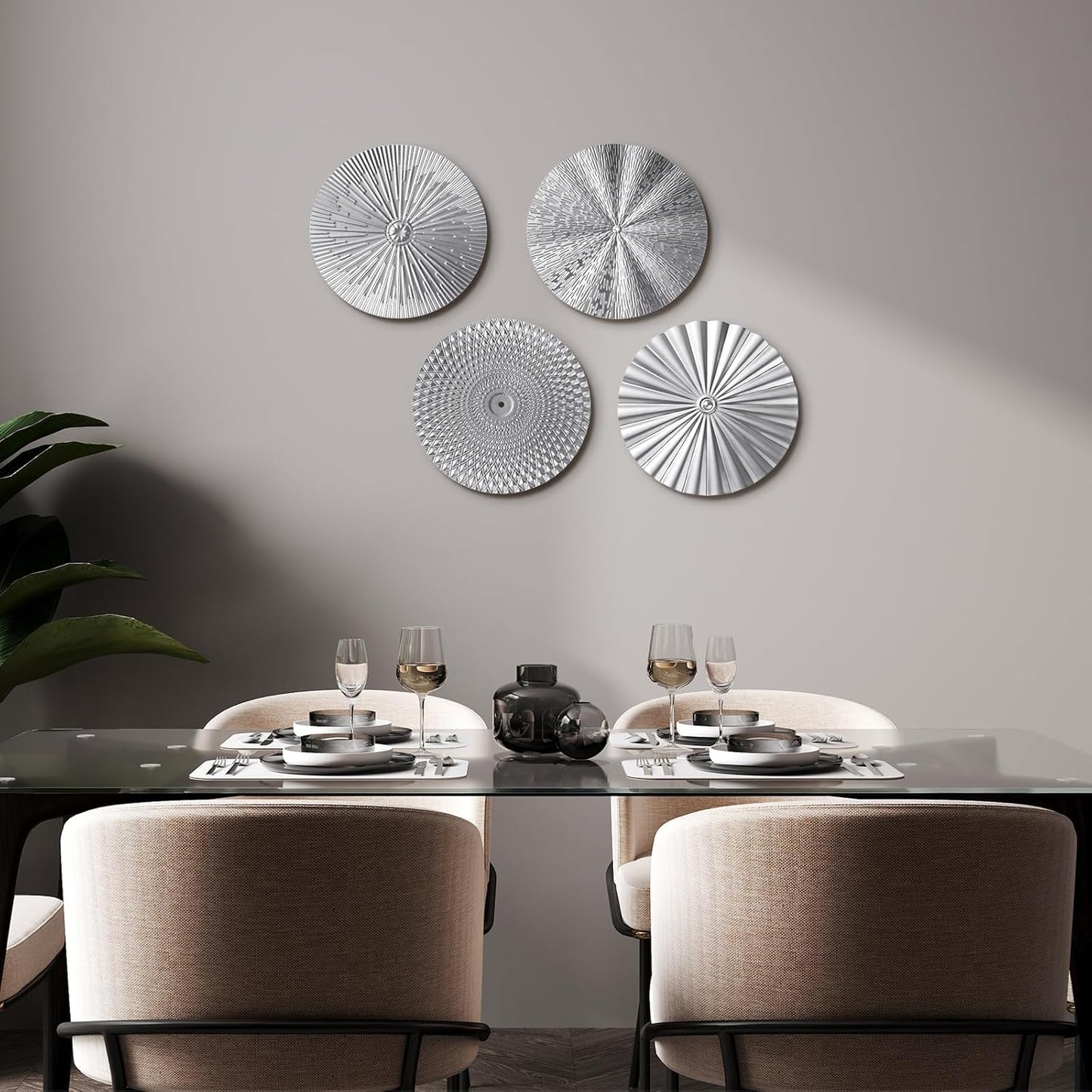 Metal Wall Art Decor Modern Sunburst Hanging Artwork Decor Wall / Silver / 12 Inch / Set of 4