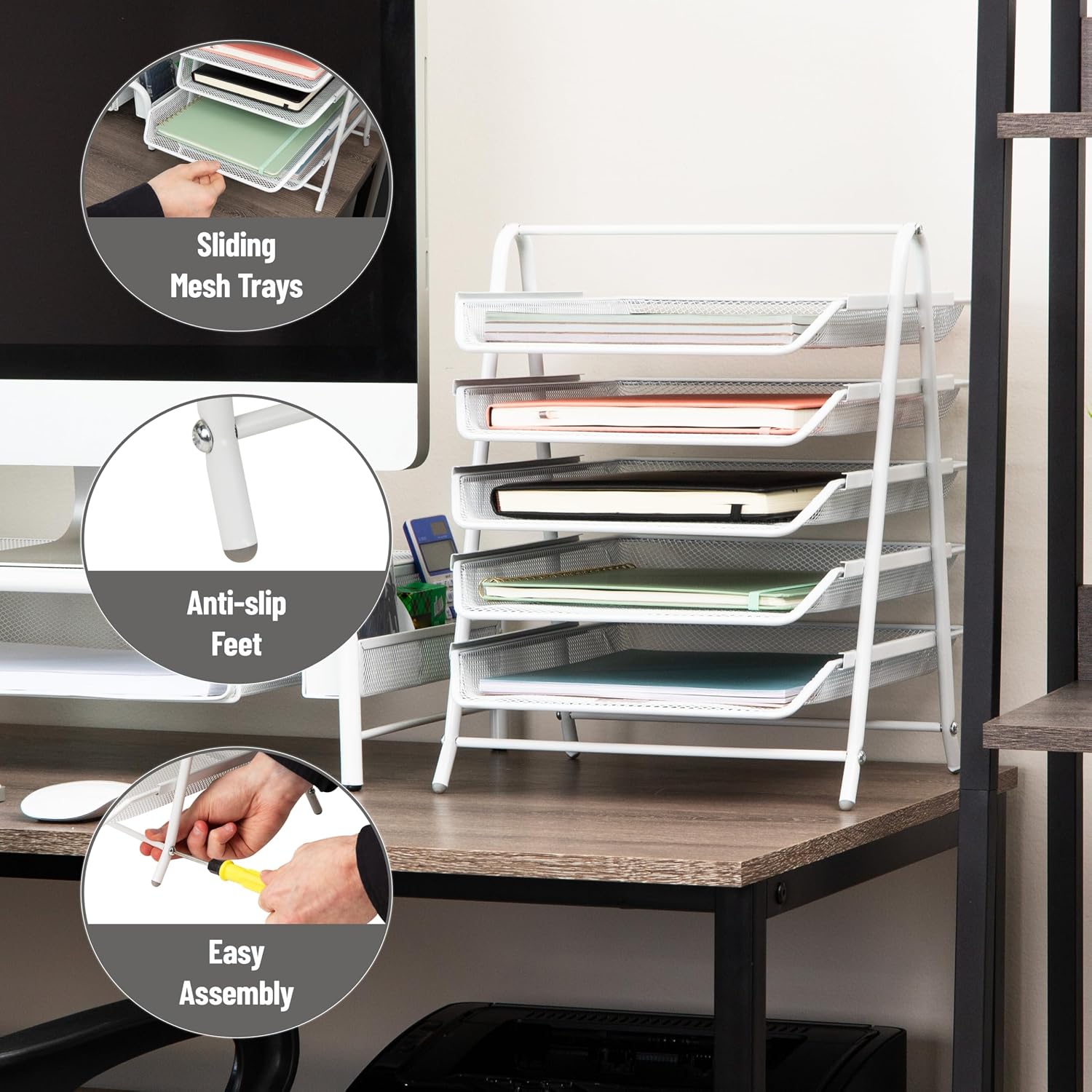 Mind Reader 5-Tier Paper Tray Organizer, White | Vertical Desktop File Storage Rack, Office, Metal Mesh